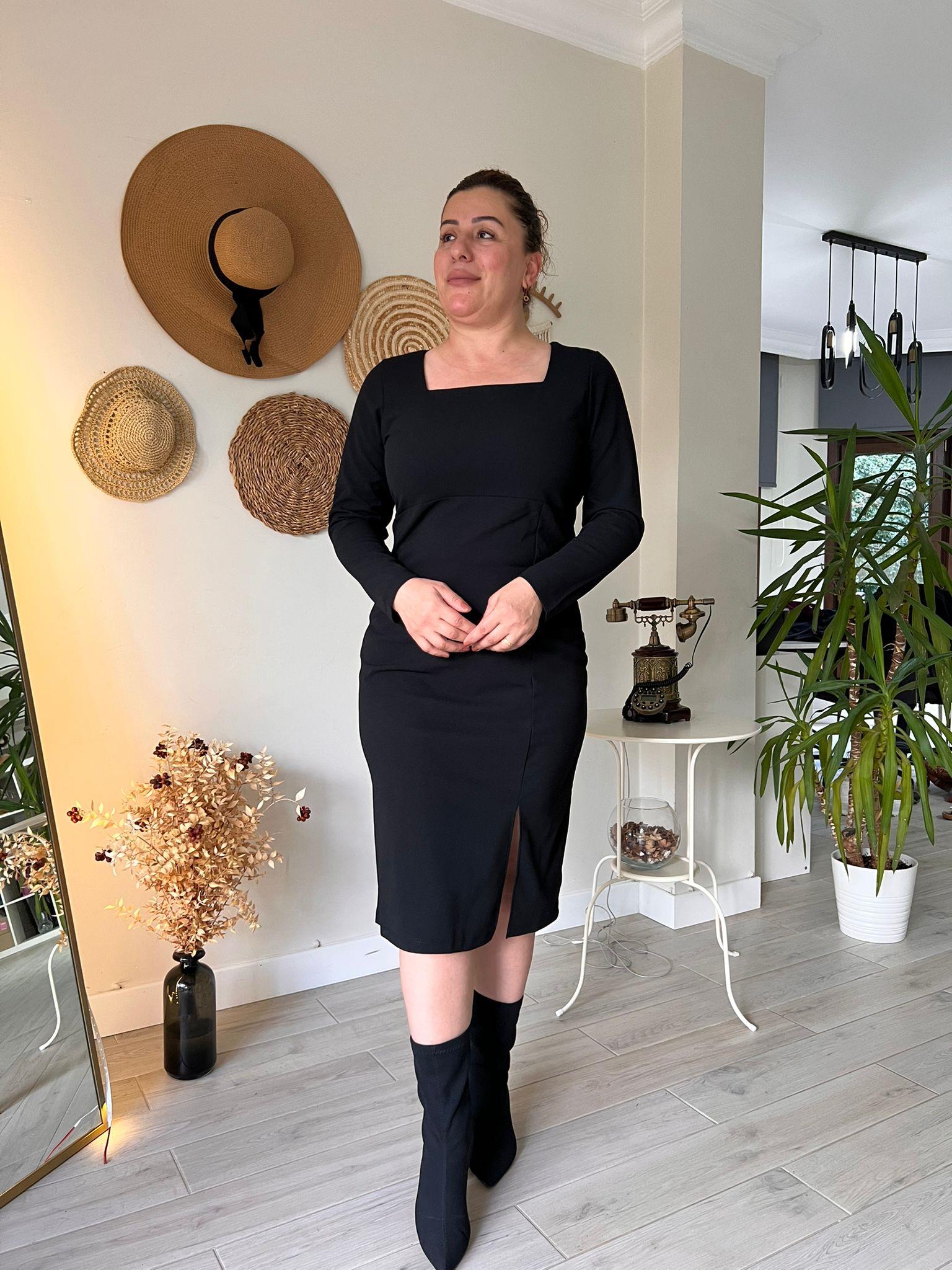 Kare Yaka Midi Boy Krep Kumaş Kalem Elbise | Mjora Butik