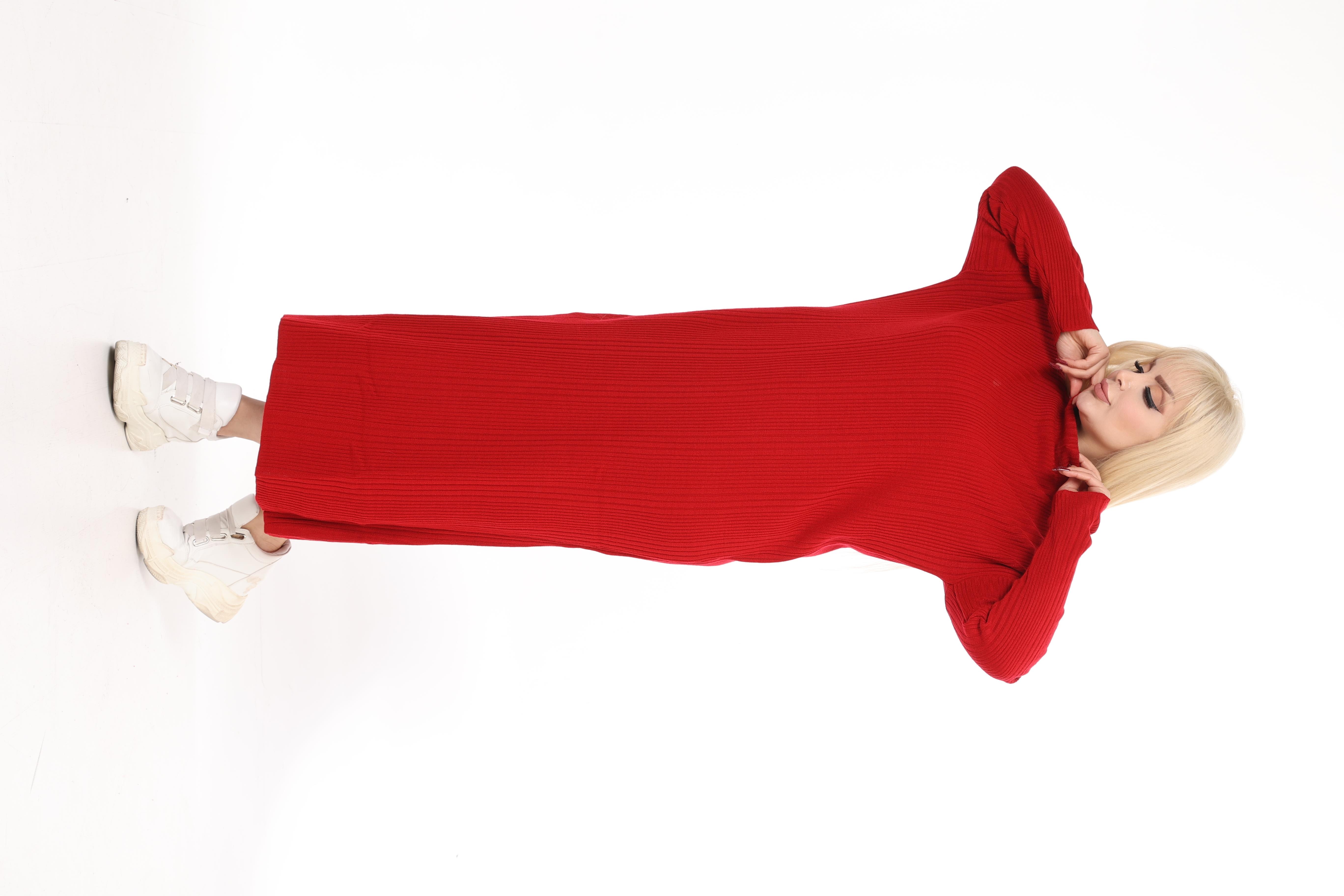 Kırmızı Yarım Balıkçı Yaka Triko Örme Elbise