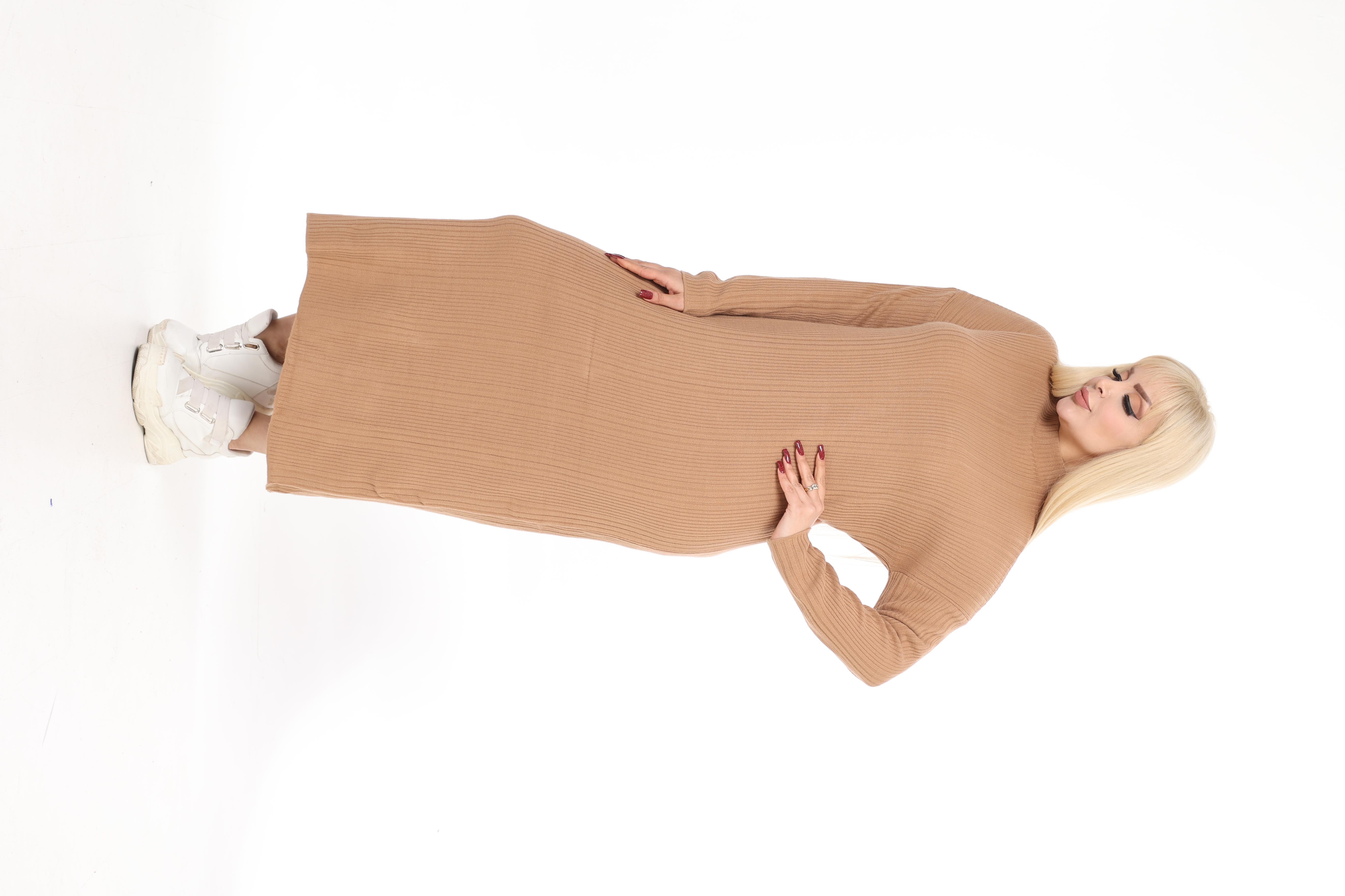 Krem Yarım Balıkçı Yaka Triko Örme Elbise