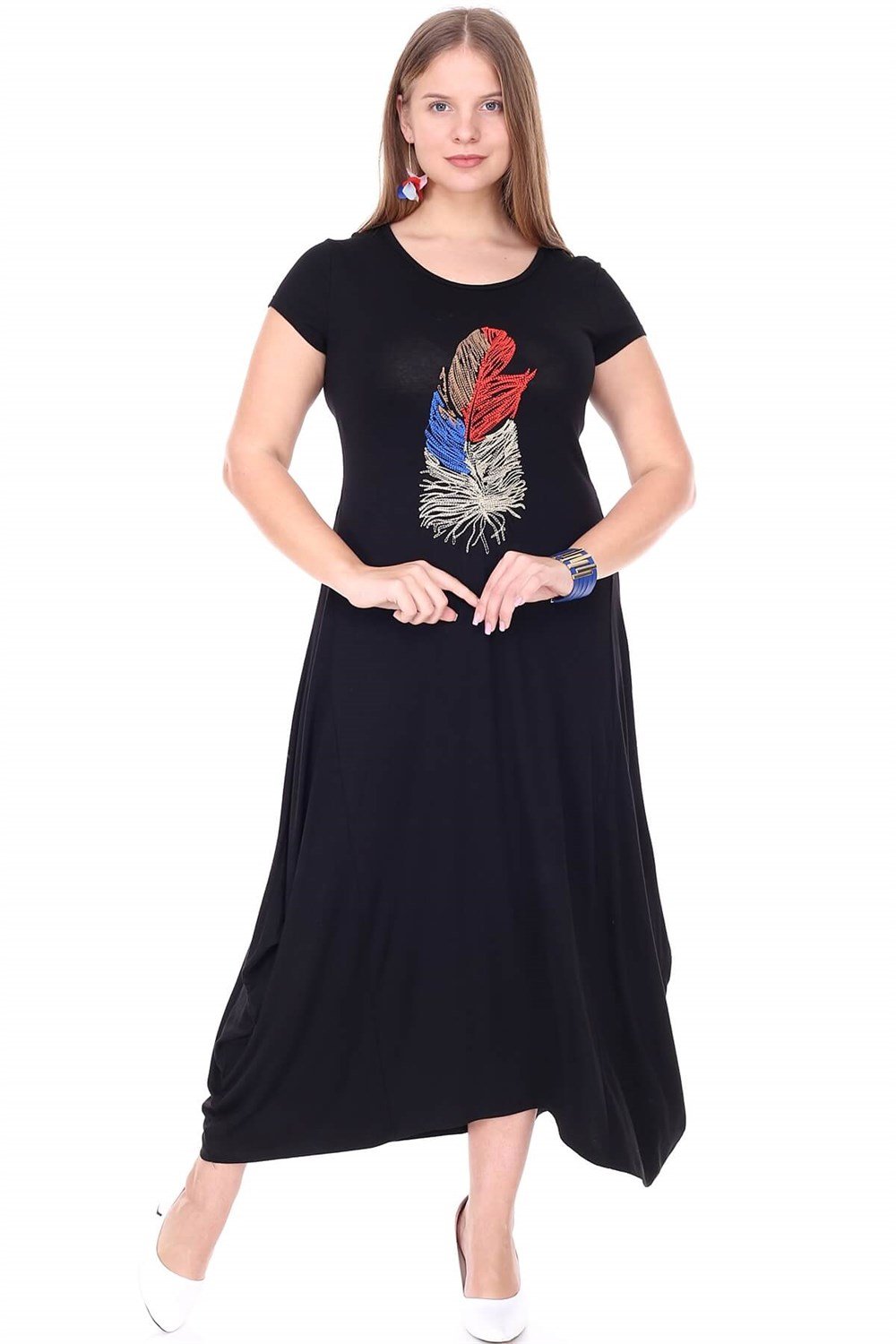 Siyah yaprak işlemeli viskon likralı elbise