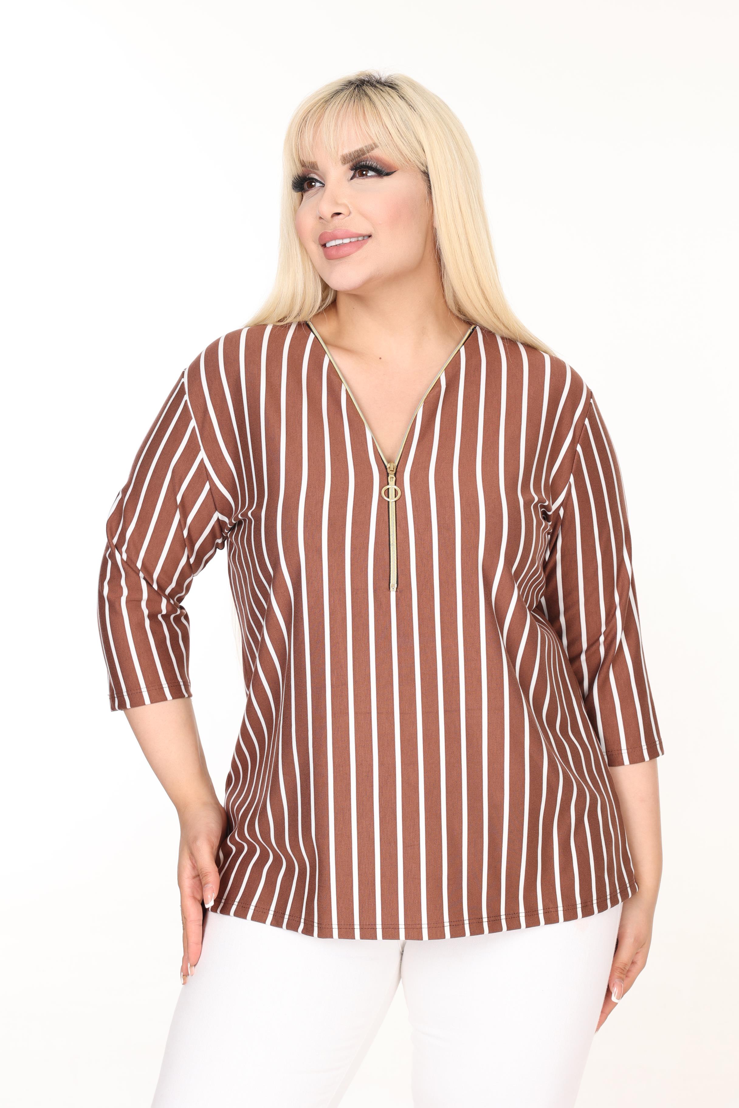 Yaka Fermuarlı Çizgili Fakir Kol Örme Bluz