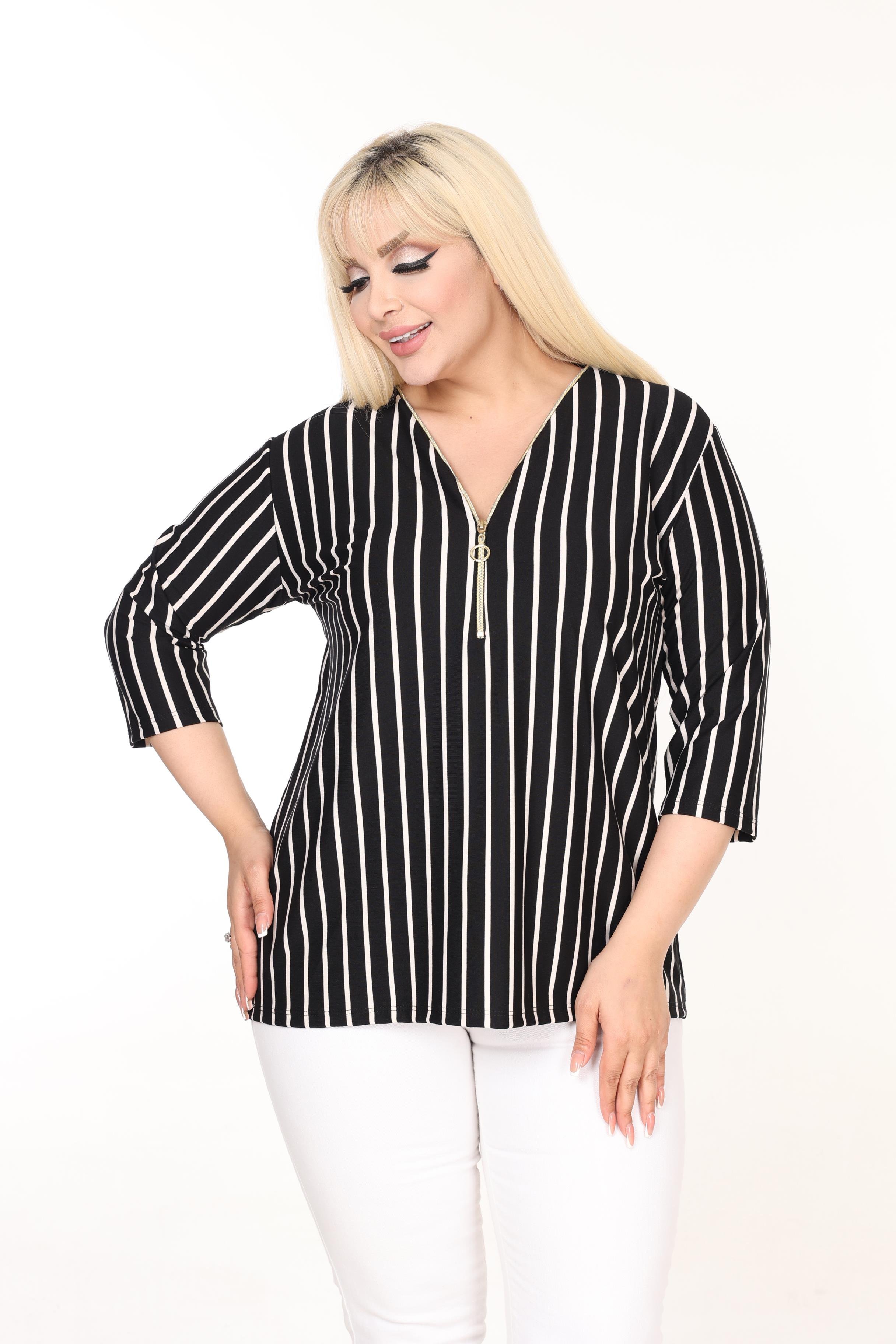 Yaka Fermuarlı Çizgili Fakir Kol Örme Bluz