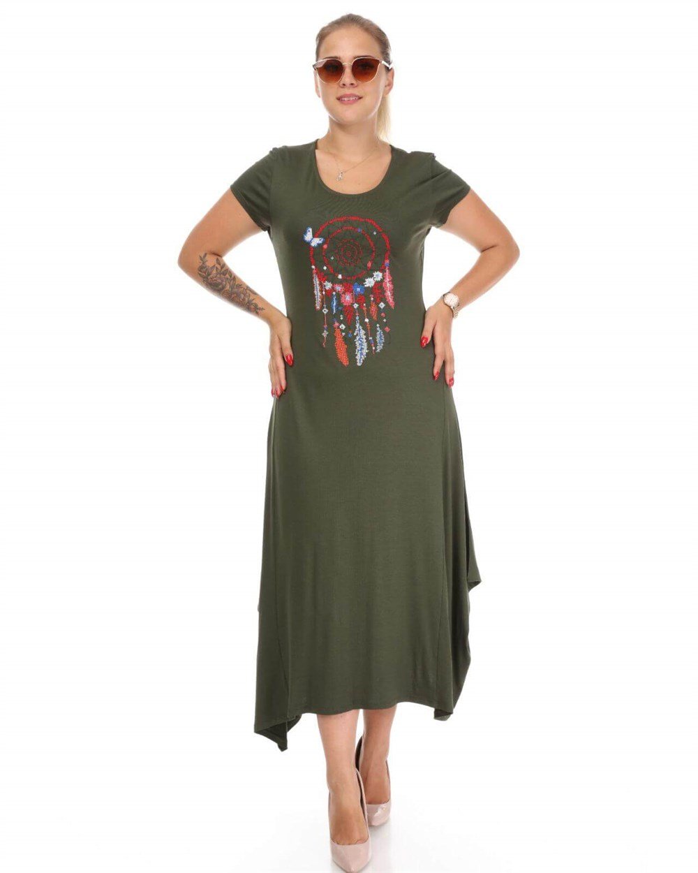 Yeşil etnik desen detaylı viskon büyük beden elbise