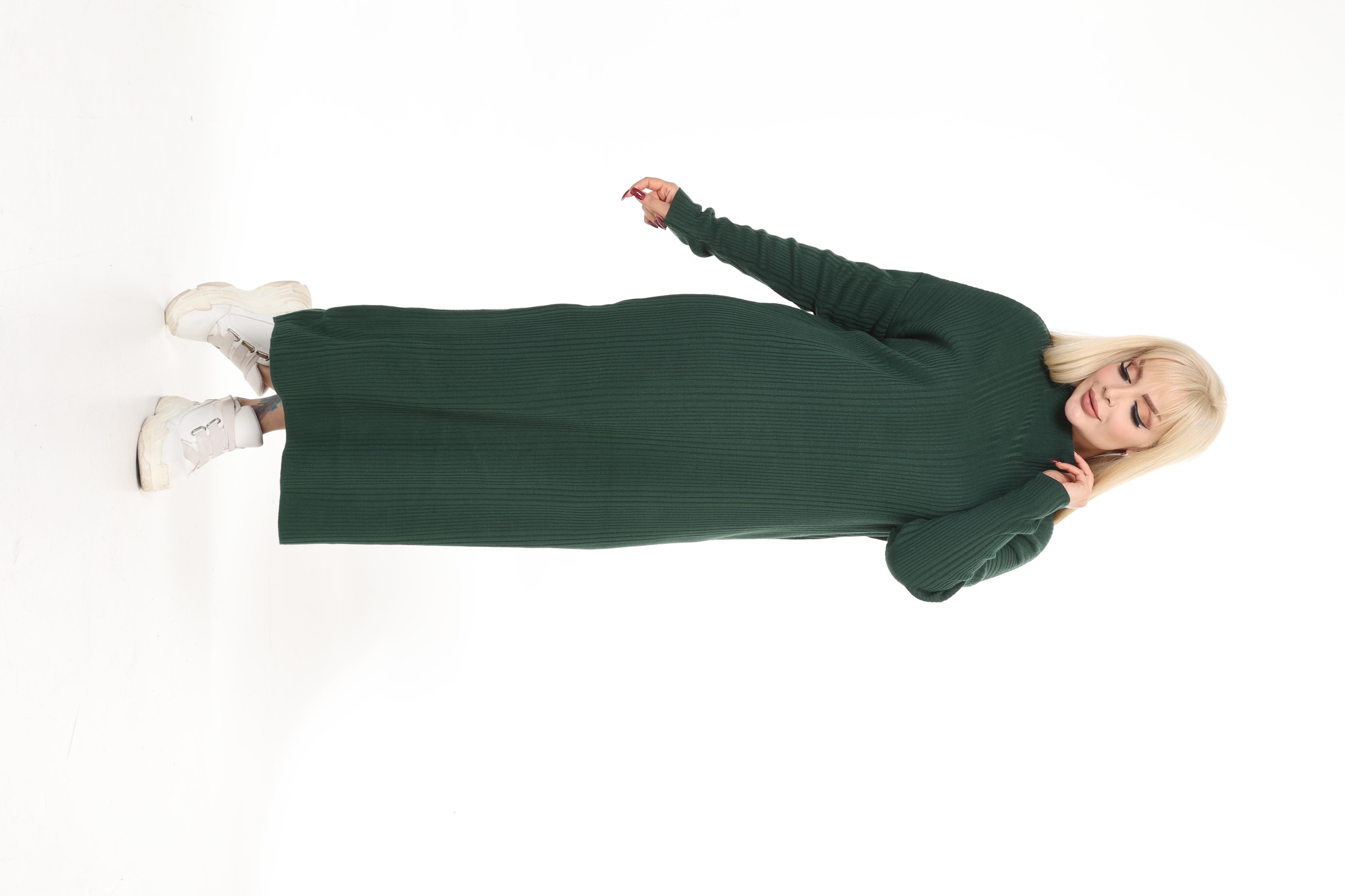 Yeşil Yarım Balıkçı Yaka Triko Örme Elbise