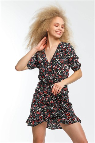 Çiçekli Kruvaze Yaka Eteği Fırfırlı Mini Elbise 