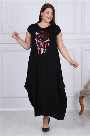 Siyah etnik desen  detaylı viskon elbise