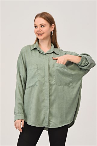 Yeşil Kadife Fitilli Kadın Oversize Gömlek