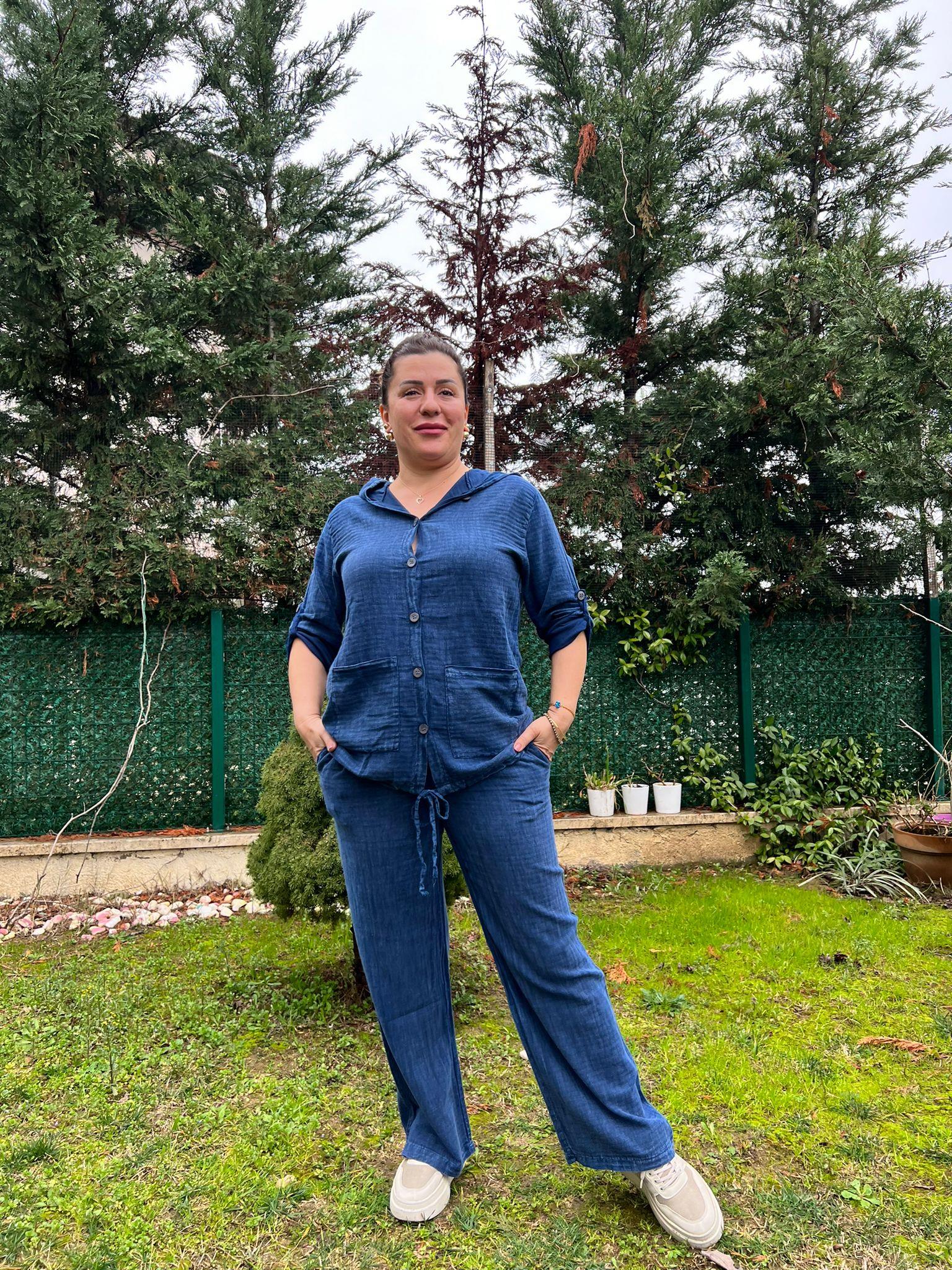 %100 Pamuk Keten Kumaş Kapşonlu Gömlek&Pantolon Takım