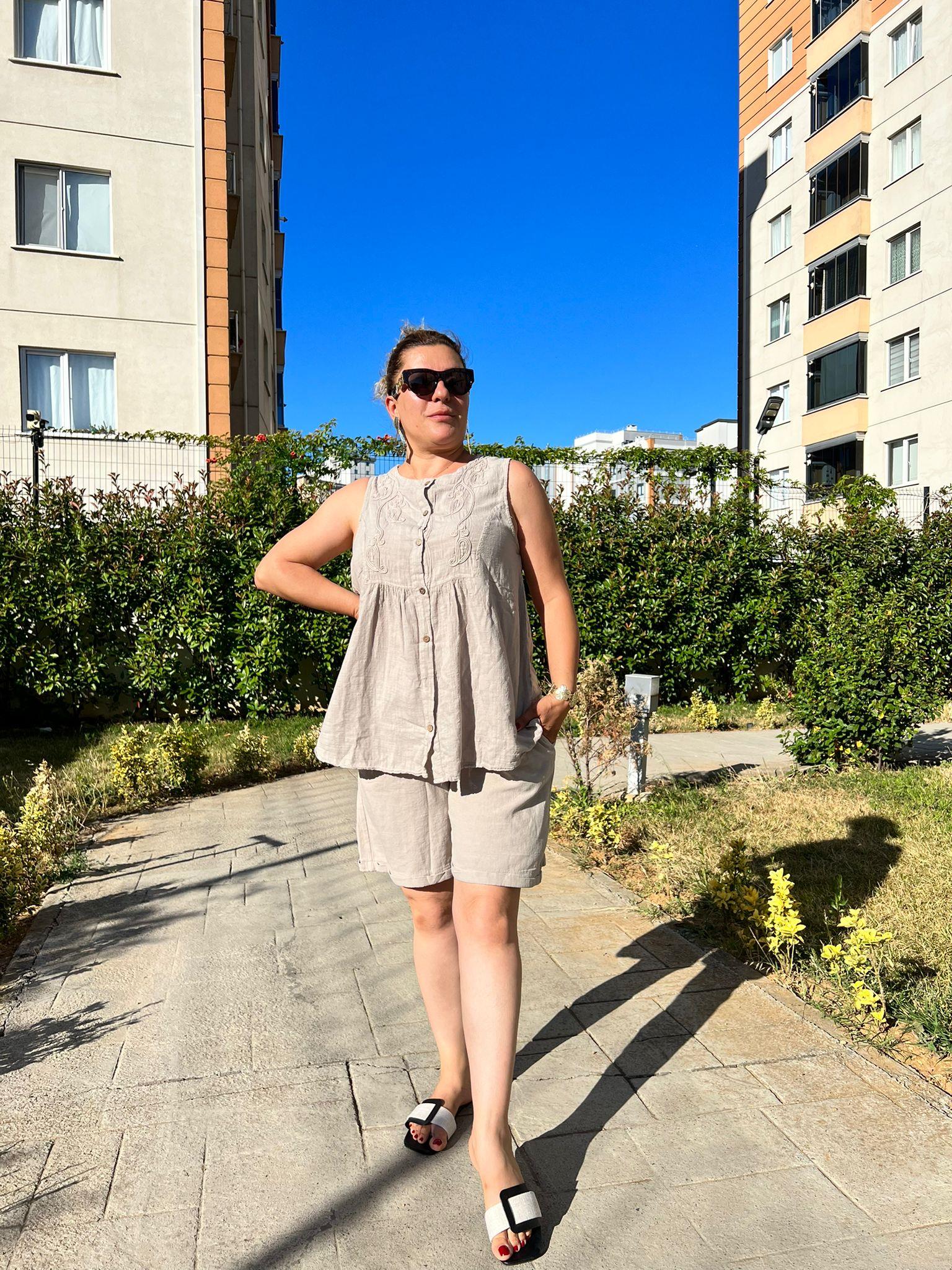 %100 Pamuk Keten Şort & Tunik Takım