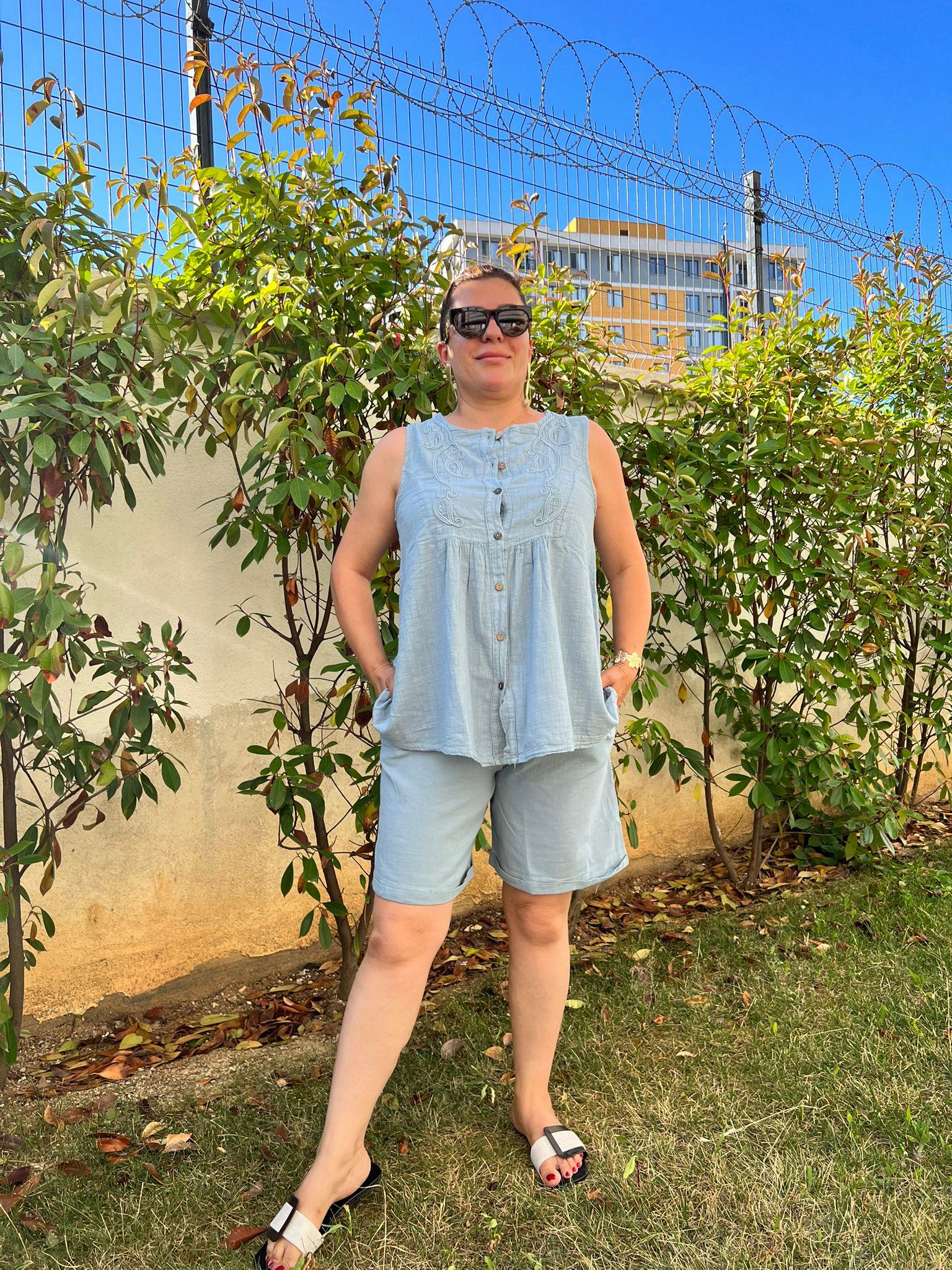 %100 Pamuk Keten Şort & Tunik Takım