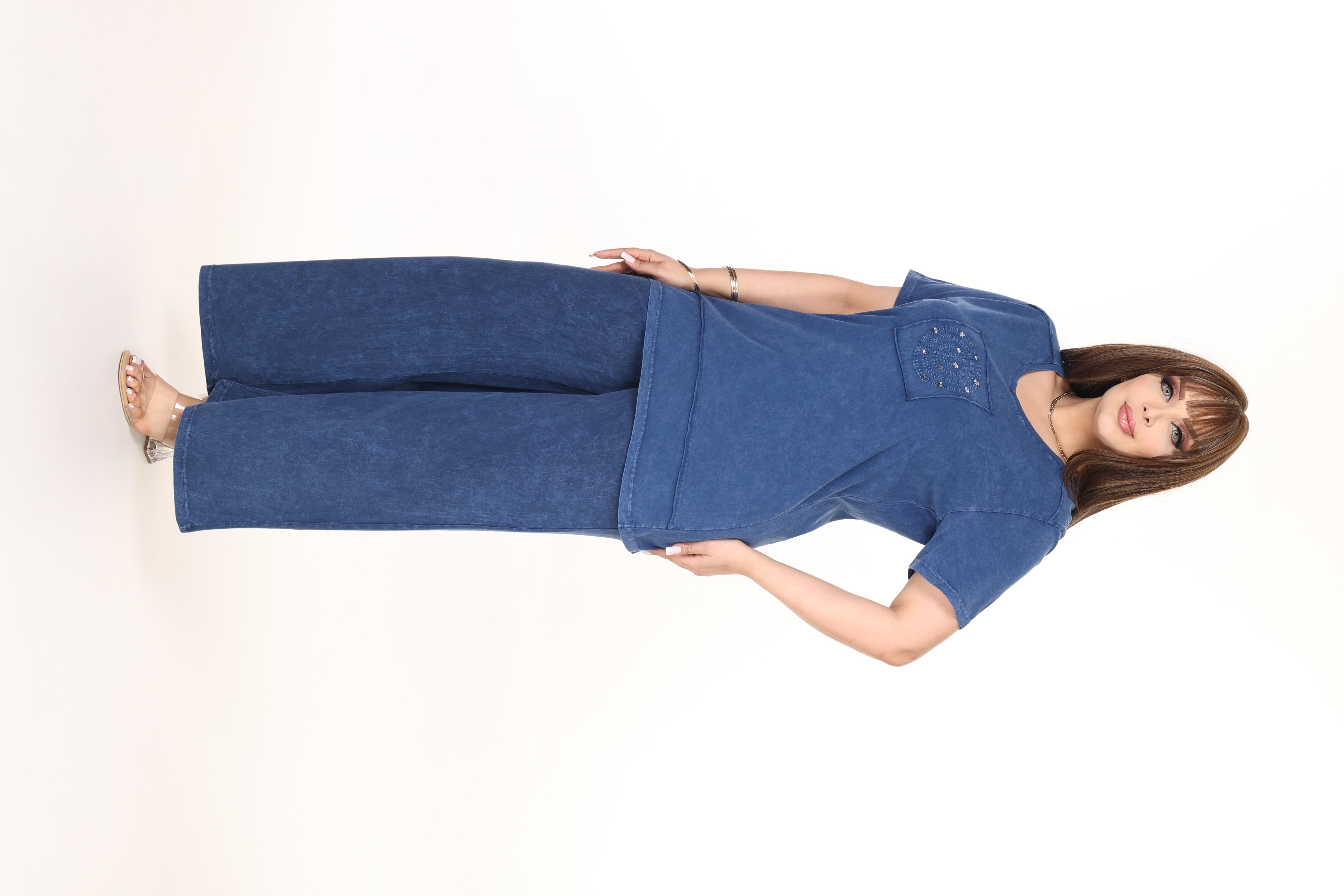 %100 Pamuk Yıkamalı Kumaş Taş Baskılı Alt-Üst Takım