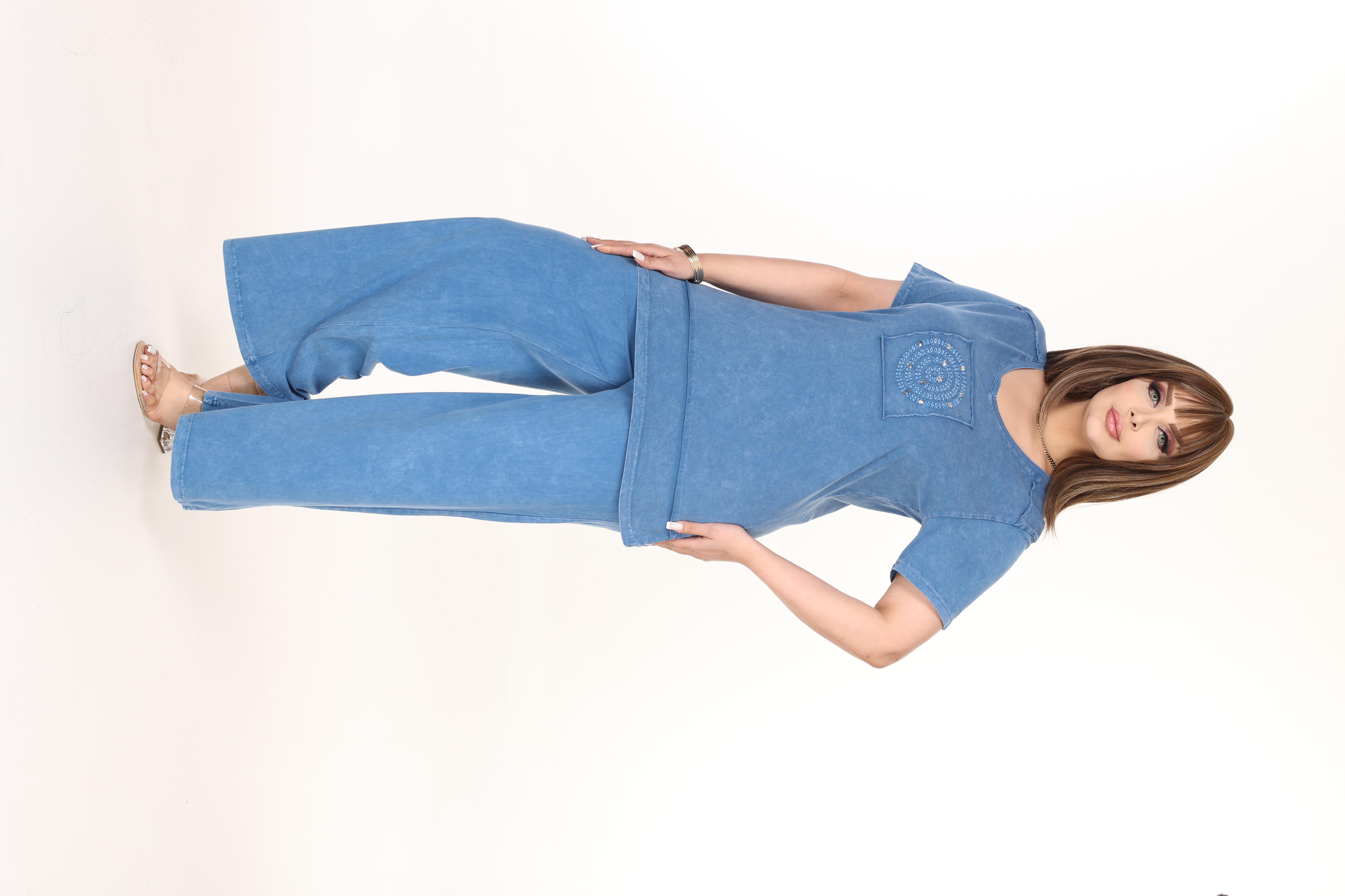 %100 Pamuk Yıkamalı Kumaş Taş Baskılı Alt-Üst Takım