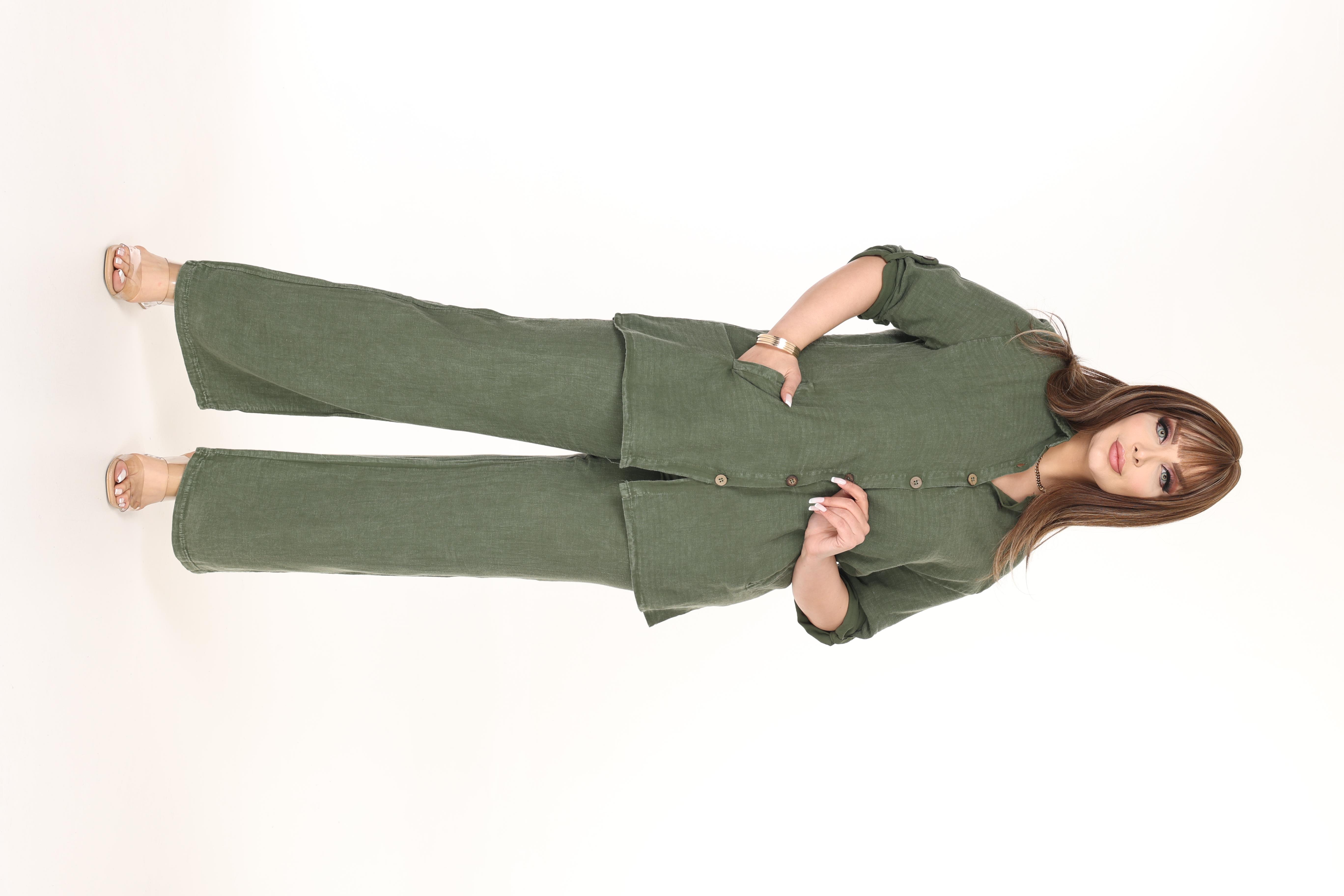 %100 Pamuk Yıkamalı Kumaş Yıldız Nakışlı Gömlek&Pantolon Takım