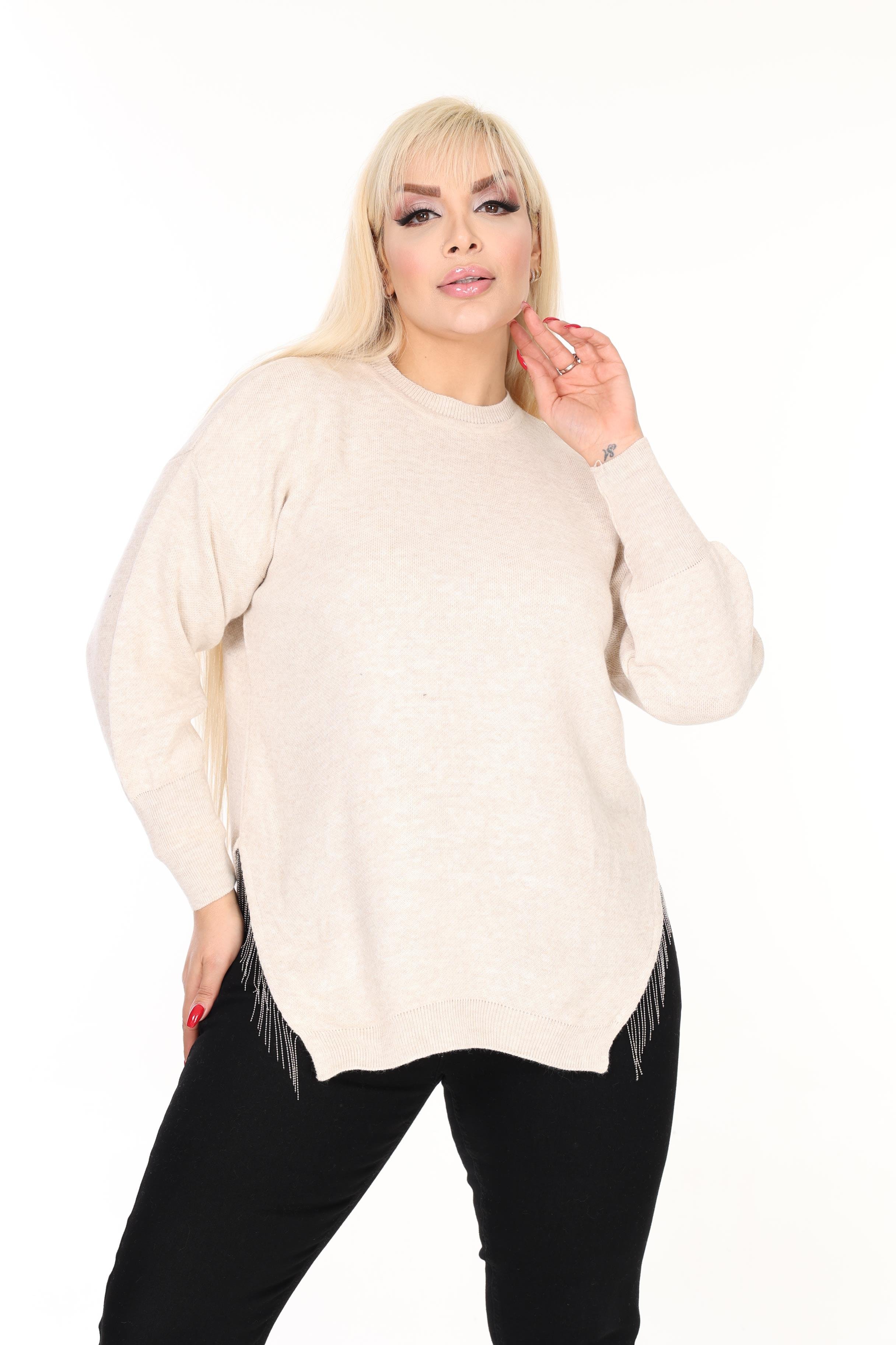 Bisiklet Yaka Rahat Kalıp Zincir Detaylı Yırtmaçlı Triko Kazak