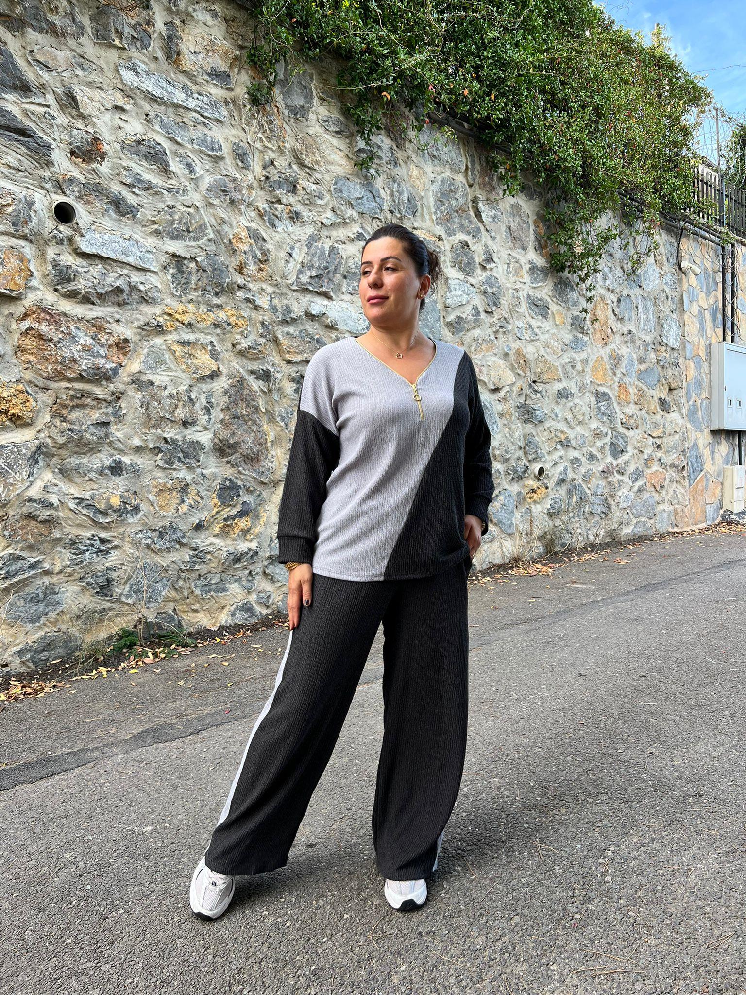 Blok Renkli Yaka Fermuarlı Bürümcük Alt-Üst Takım