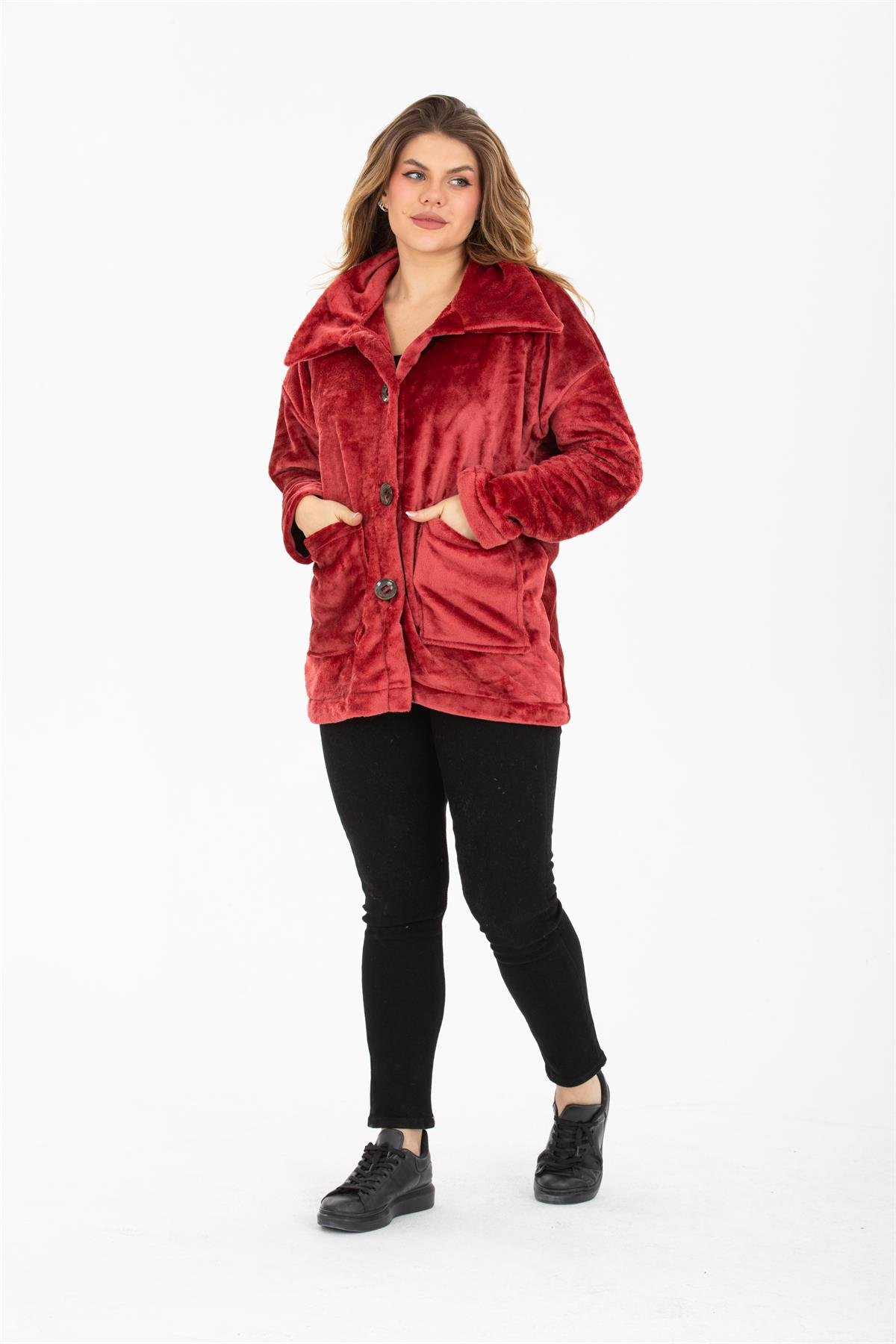 Bordo Oversize Cepli Peluş Ceket
