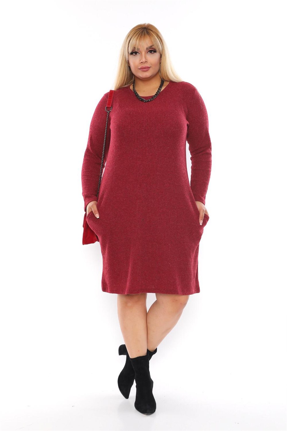 Bordo triko cepli kısa elbise