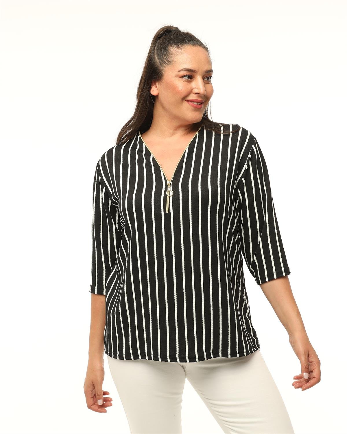 Çizgi Desen Yaka Fermuarlı Büyük Beden Bluz