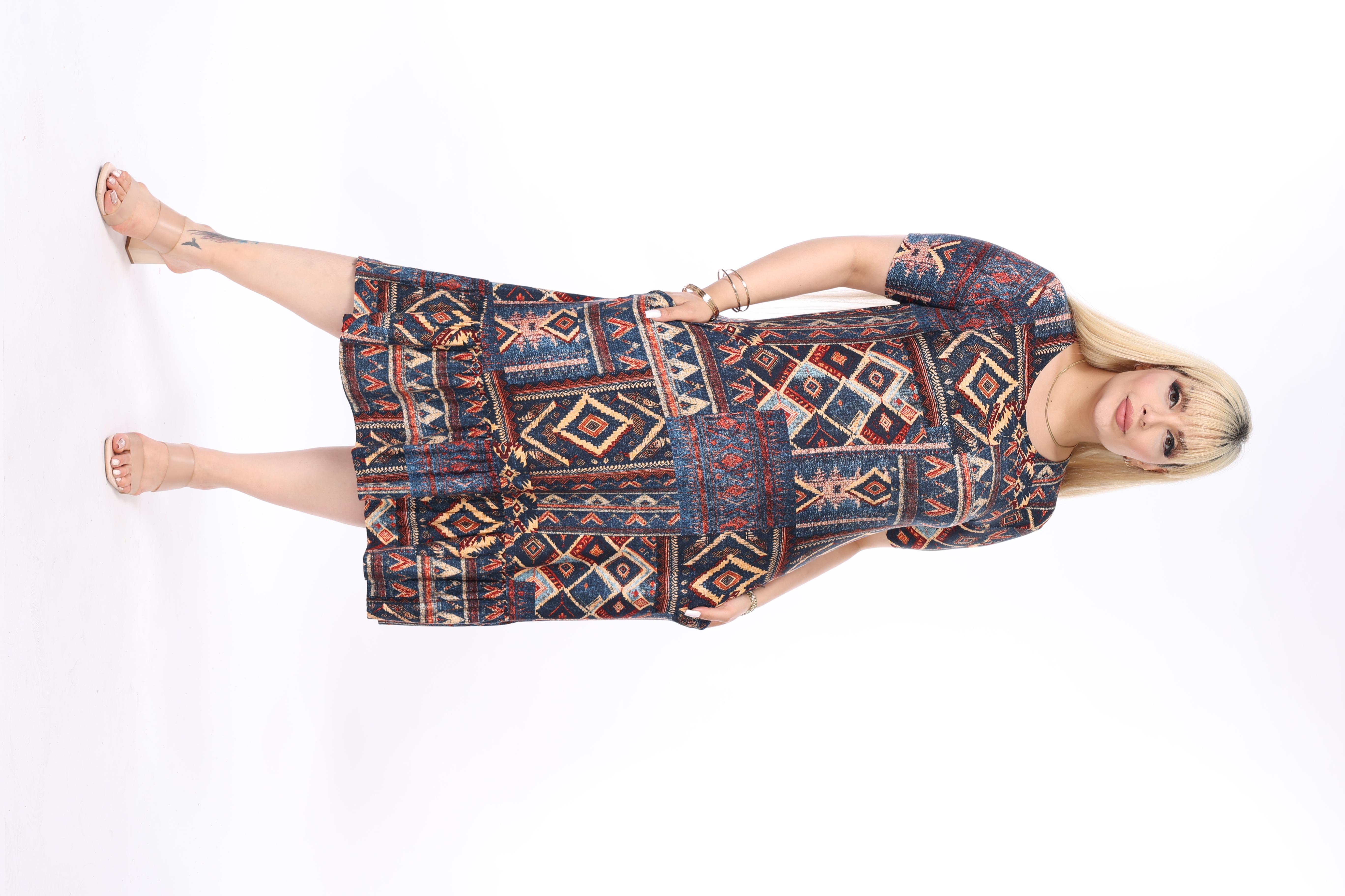 Etnik Desen Eteği Fırfırlı Büyük Beden Elbise