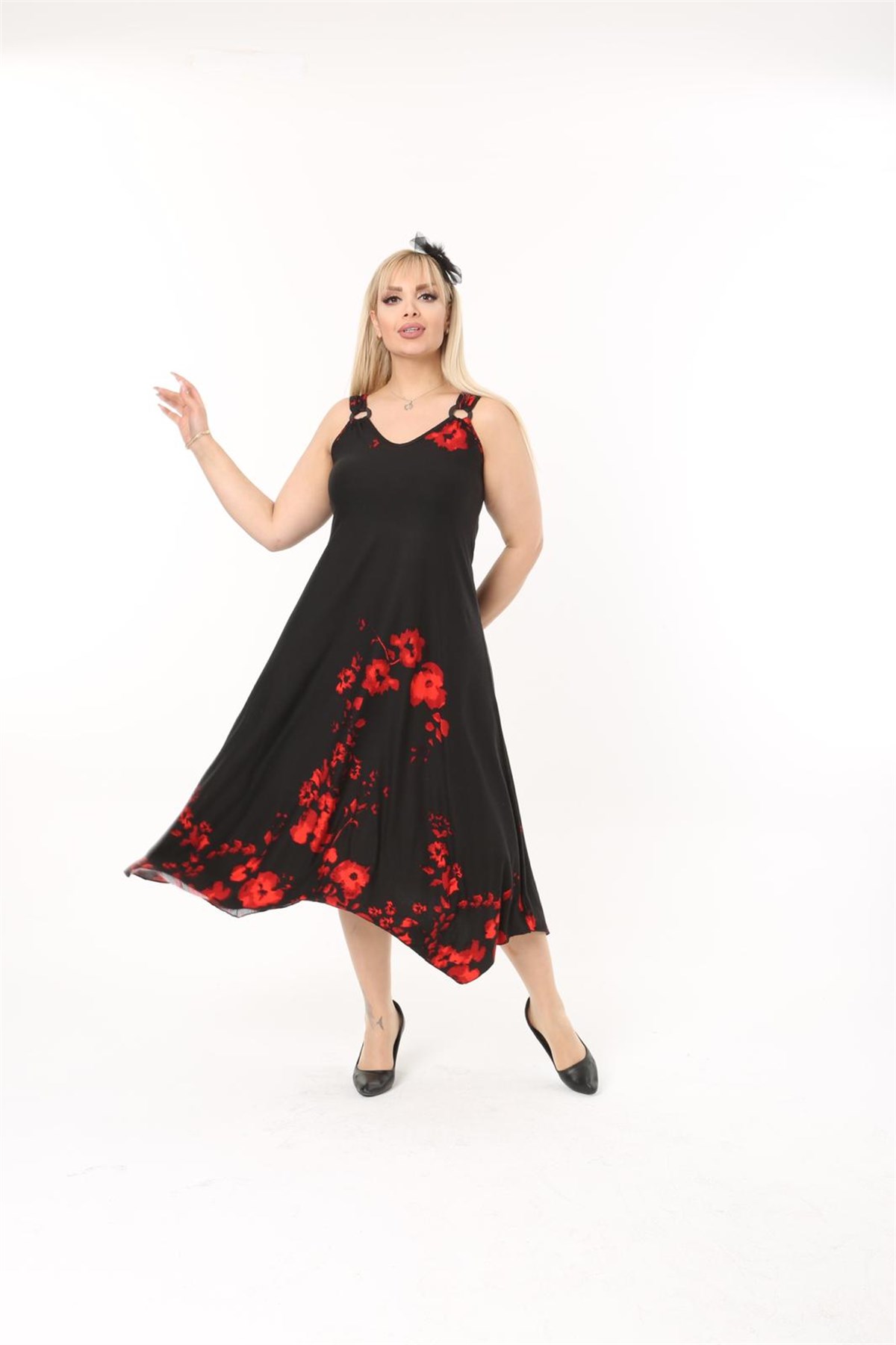 Gelincik Desen Halka Detaylı Büyükbeden Elbise 