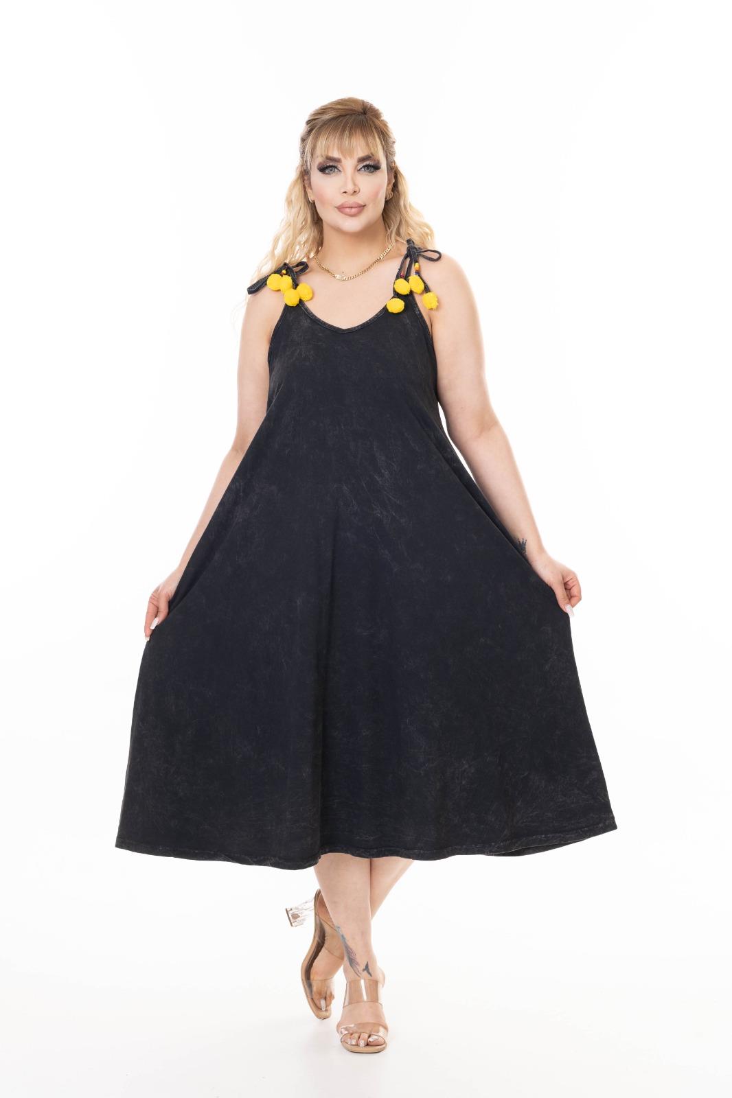 İp Askılı Cepli Geniş Kesim %100 Pamuk Yıkamalı Maxi Elbise