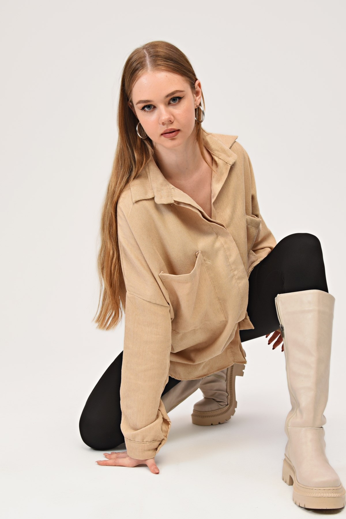 Kadife Fitilli Oversize Kadın Gömlek