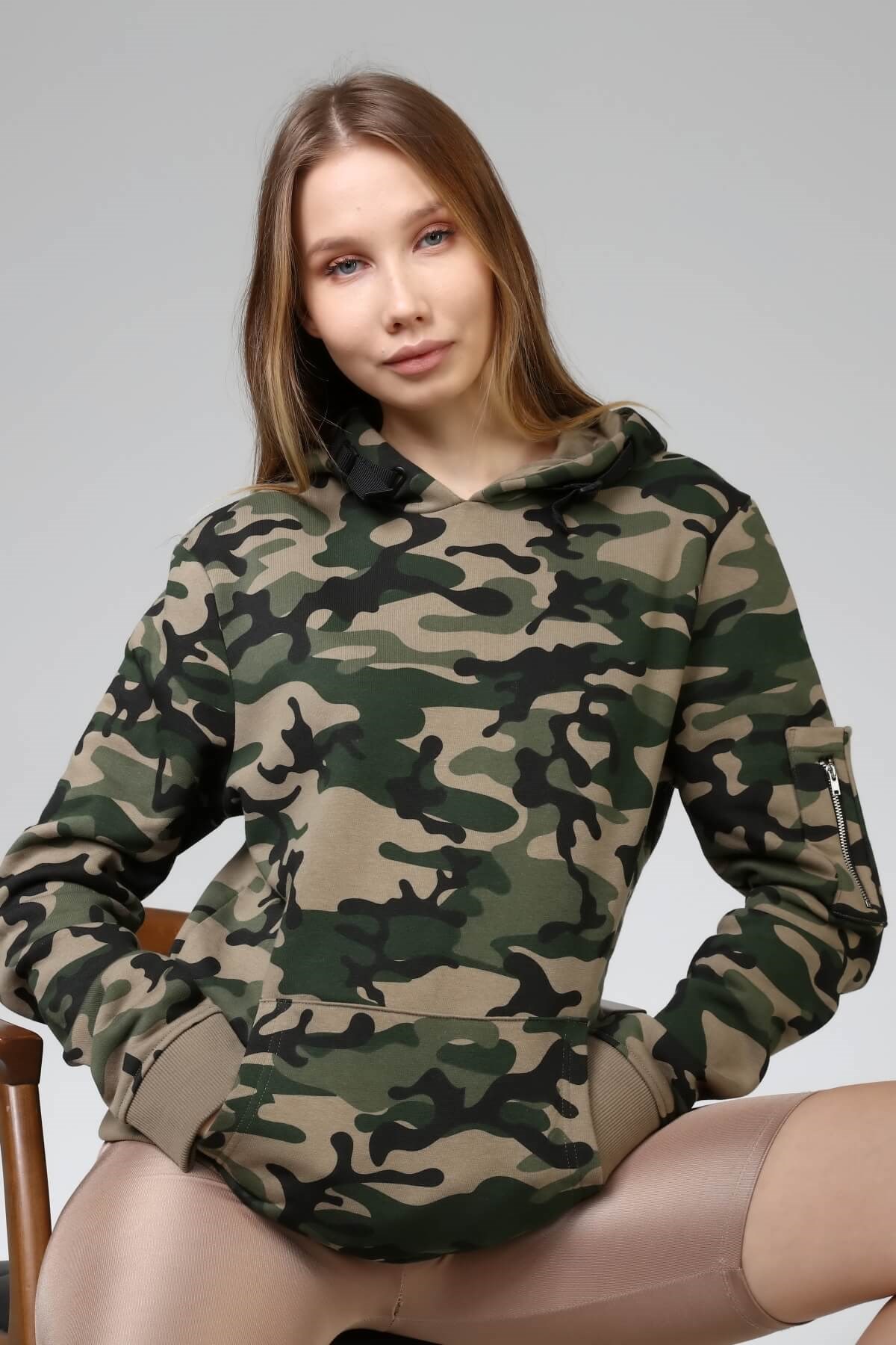 Kamuflaj Baskılı Kapşonlu Unisex Sweatshirt