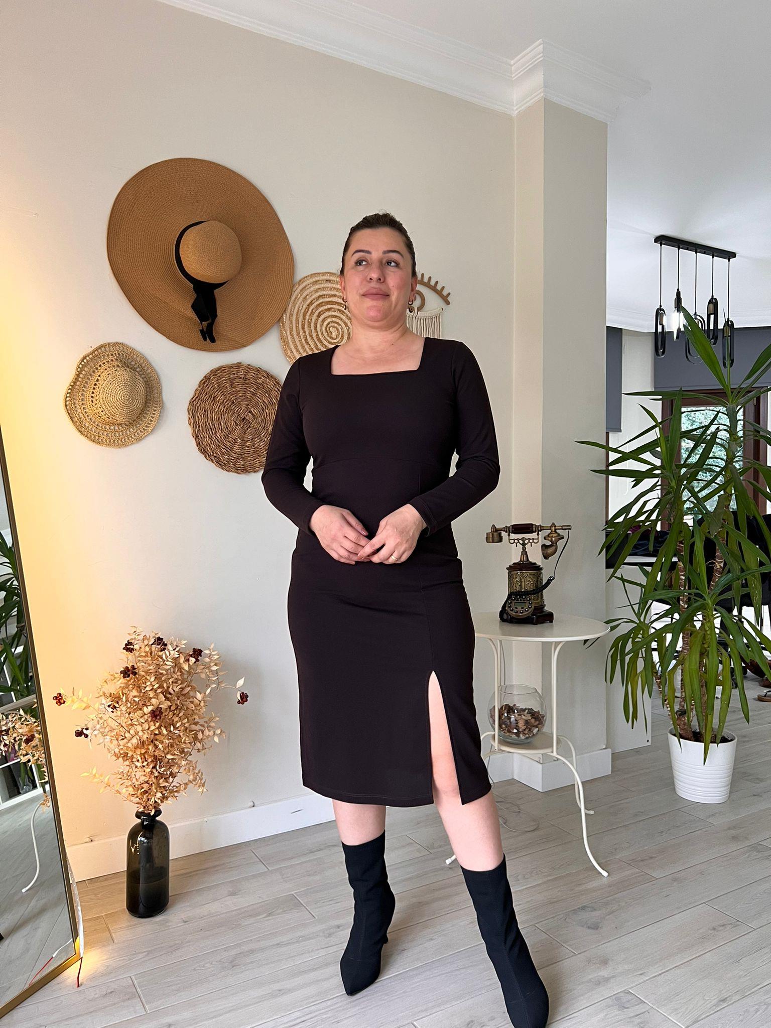 Kare Yaka Midi Boy Krep Kumaş Kalem Elbise | Mjora Butik