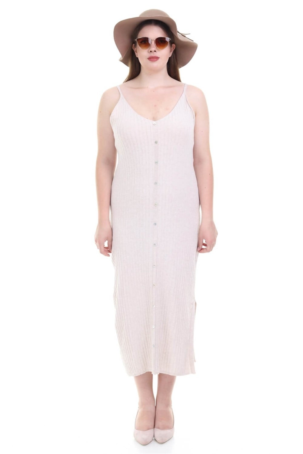 Krem boydan düğmeli askılı triko elbise