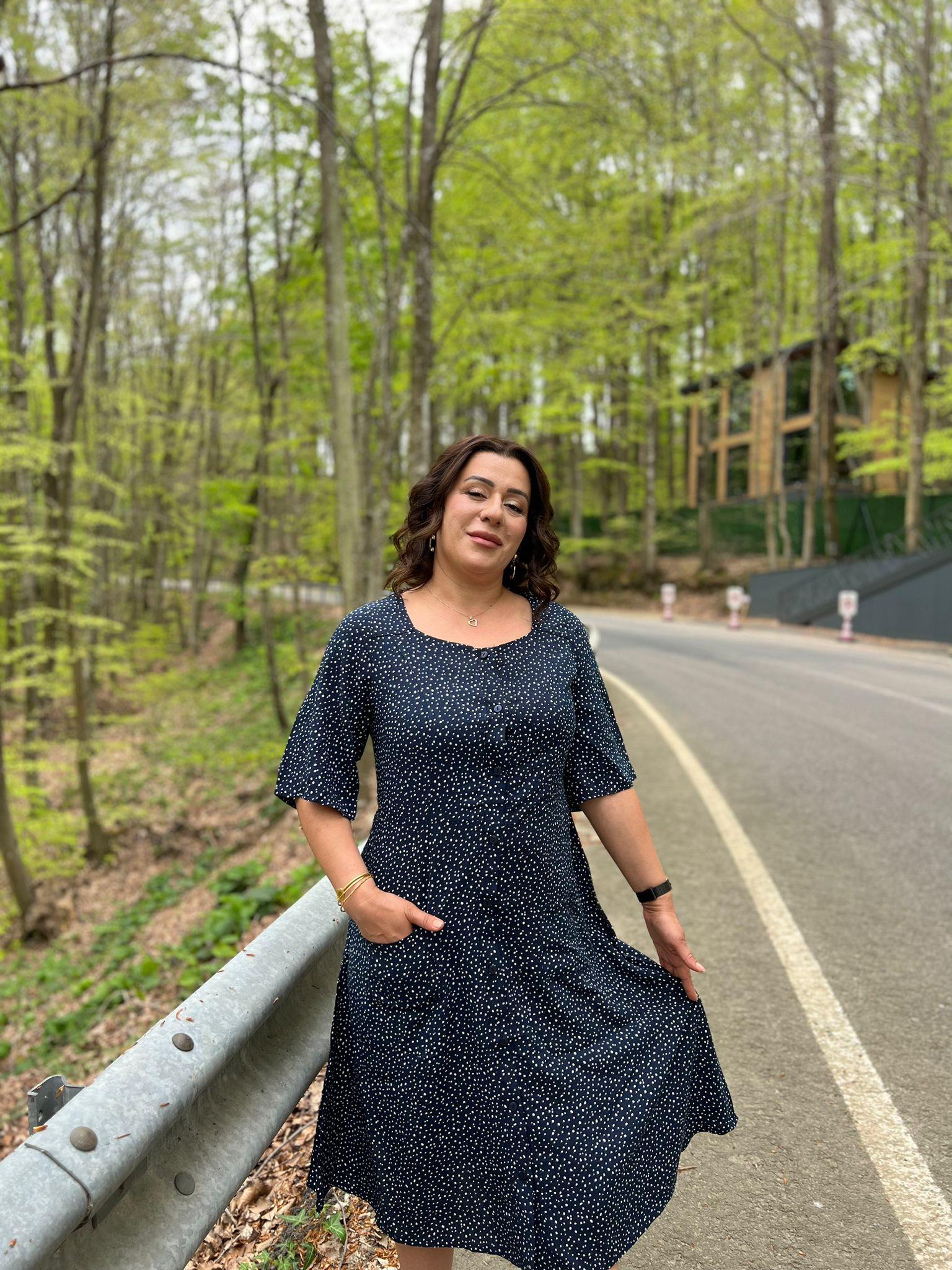 Lacivert Puantiyeli Düğmeli Elbise