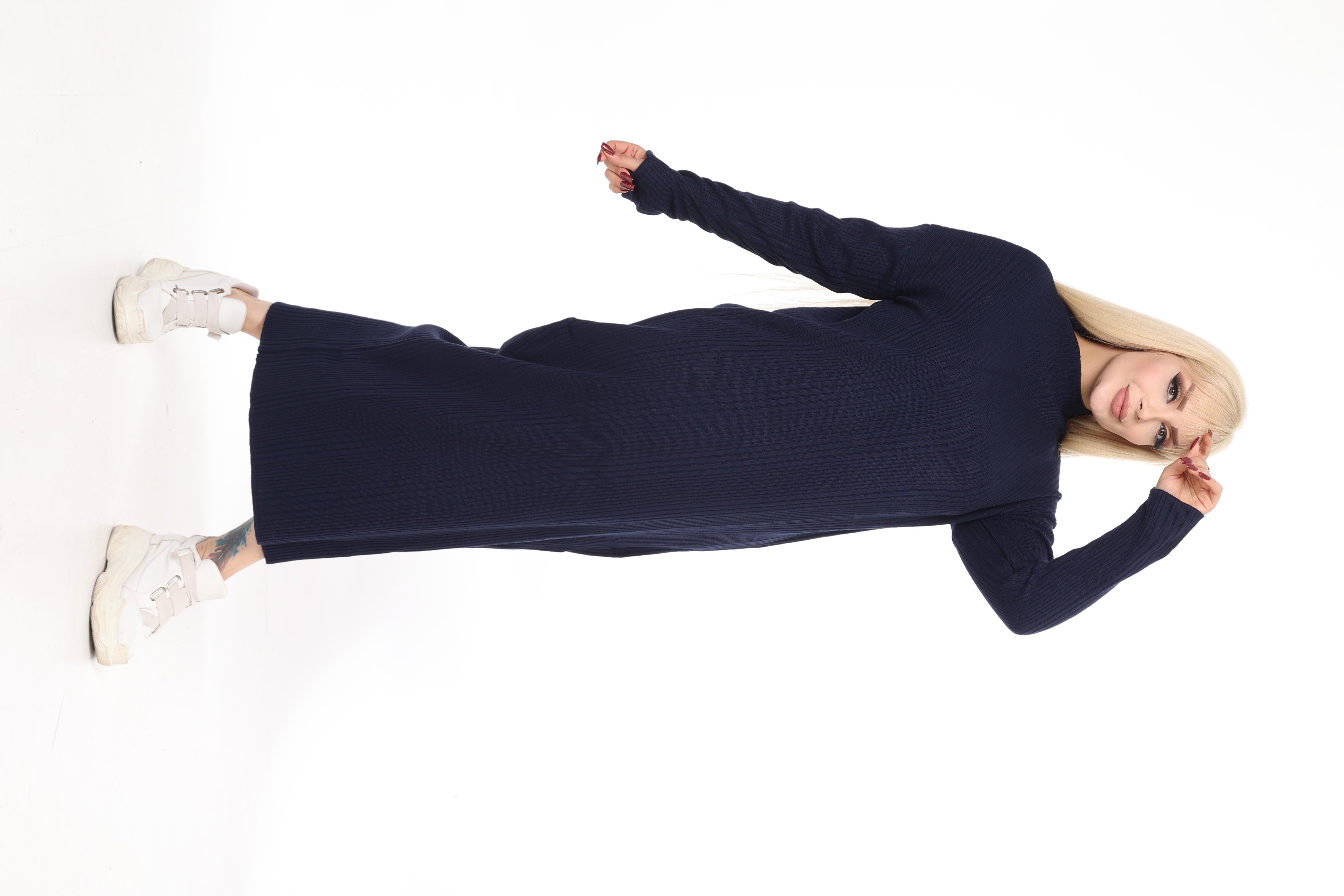 Lacivert Yarım Balıkçı Yaka Triko Örme Elbise