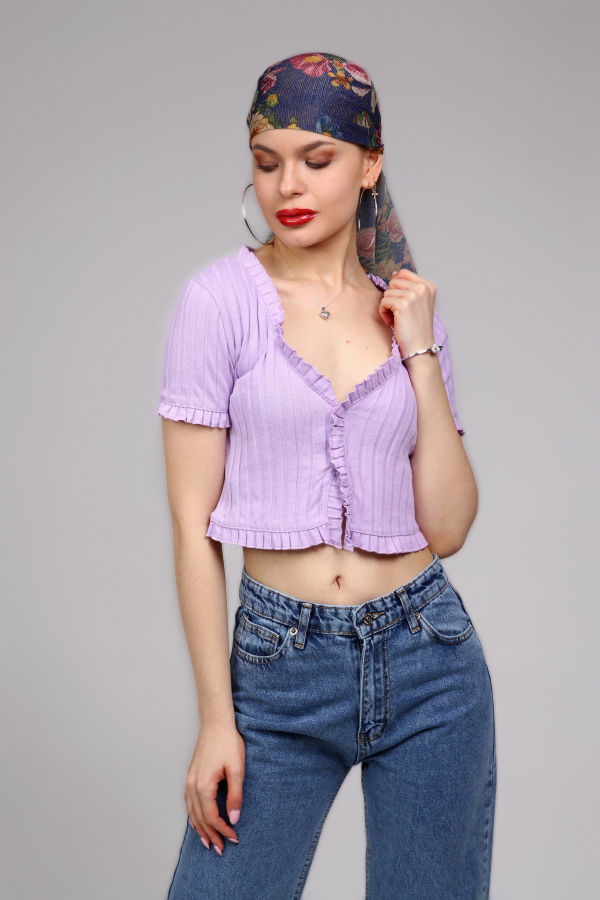 Lila Fırfır Detaylı Crop Hırka 