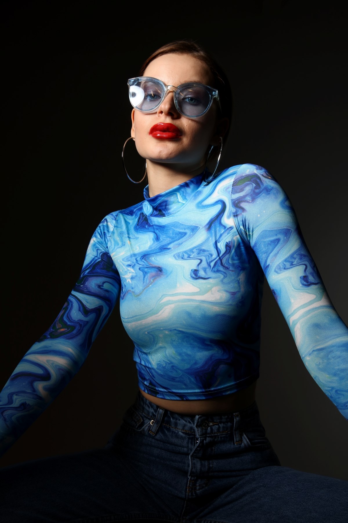 Mavi Neon Baskılı Crop Bluz 