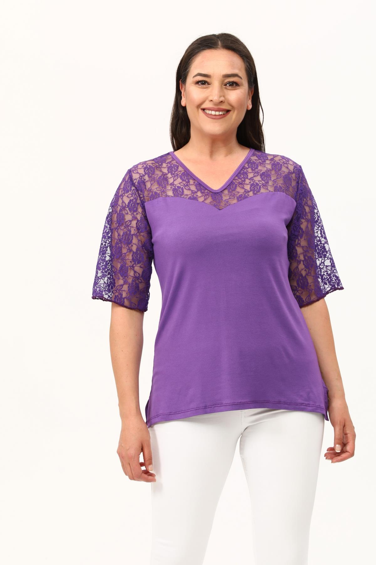 Mor Kalp Yaka Büyükbeden Dantel Bluz