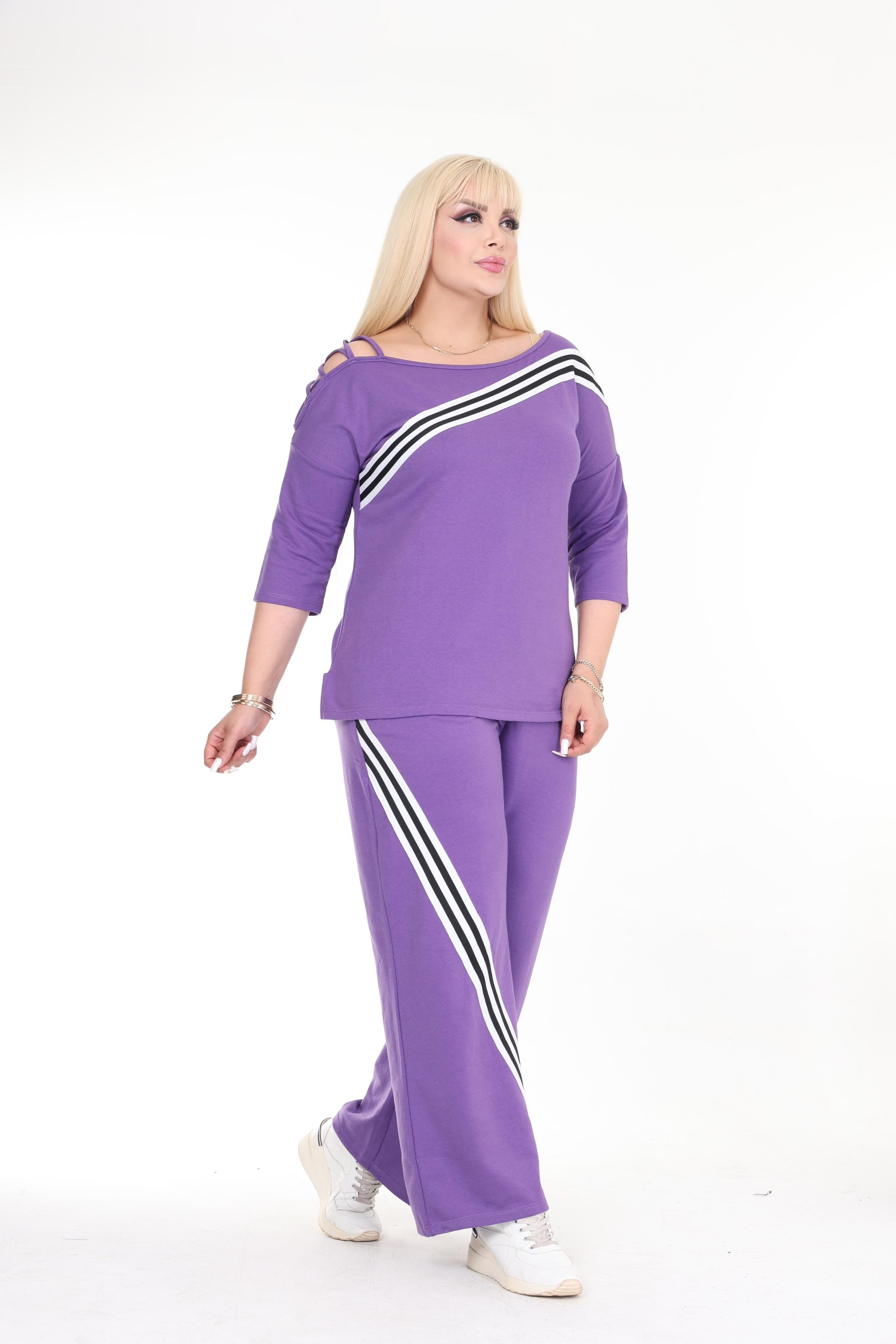 Mor Şeritli Kol Detaylı Büyük Beden Takım