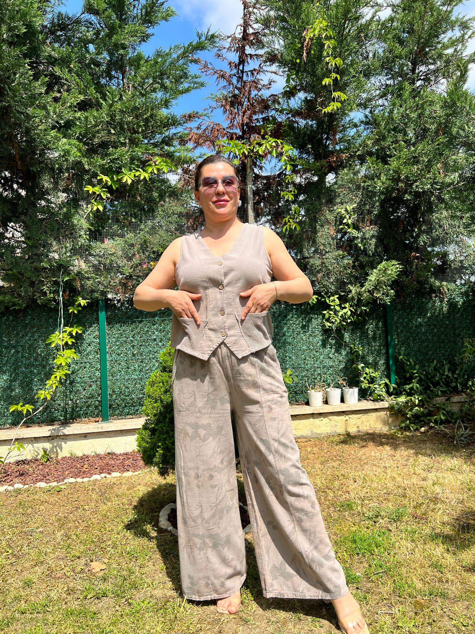 Pamuk Keten Yelek & Pantolon Kadın Takım