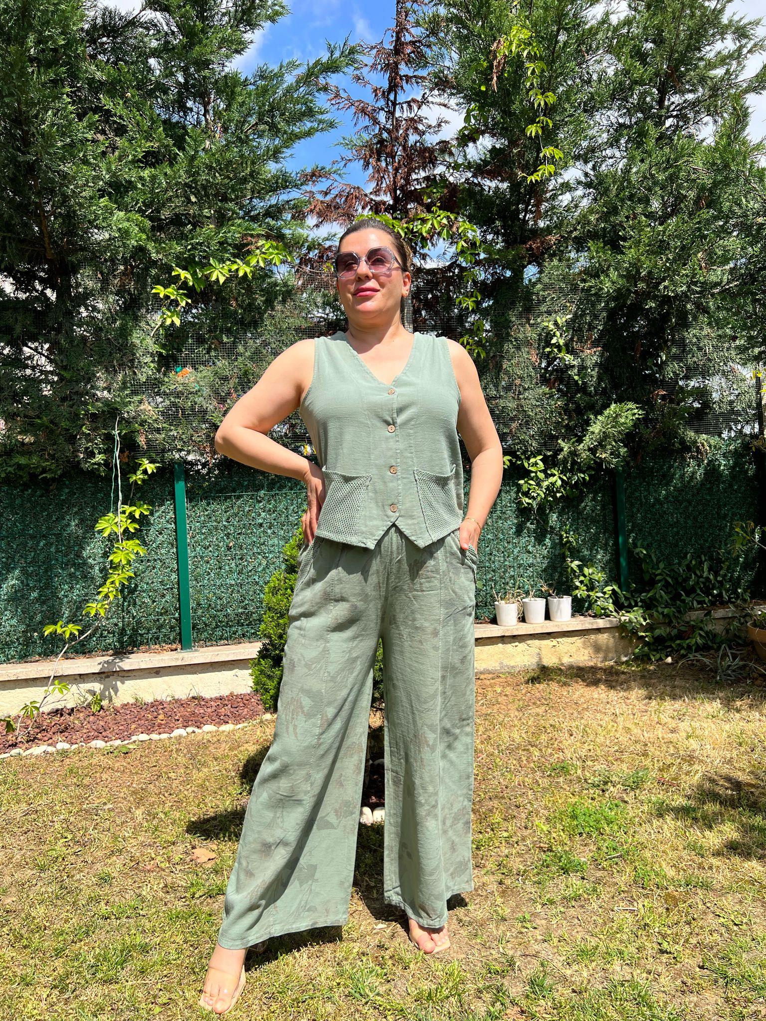 Pamuk Keten Yelek & Pantolon Kadın Takım