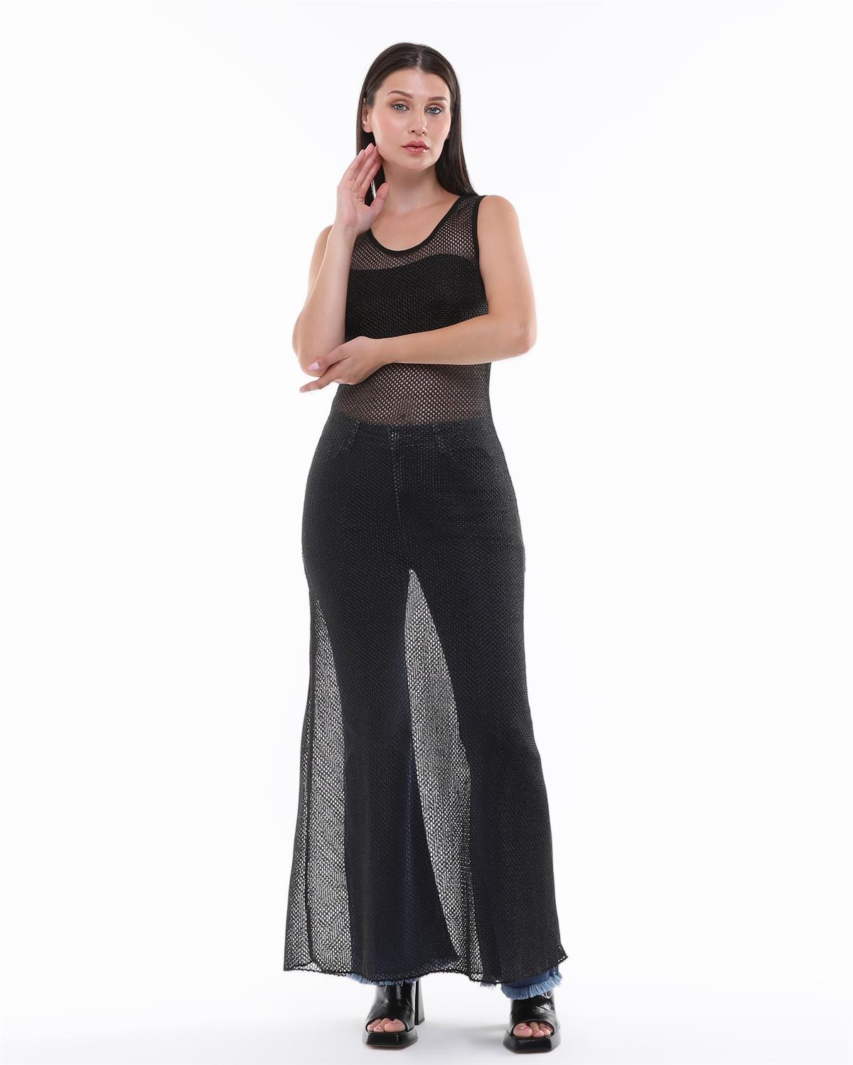 Siyah Metalik İplikli Örgü File Elbise