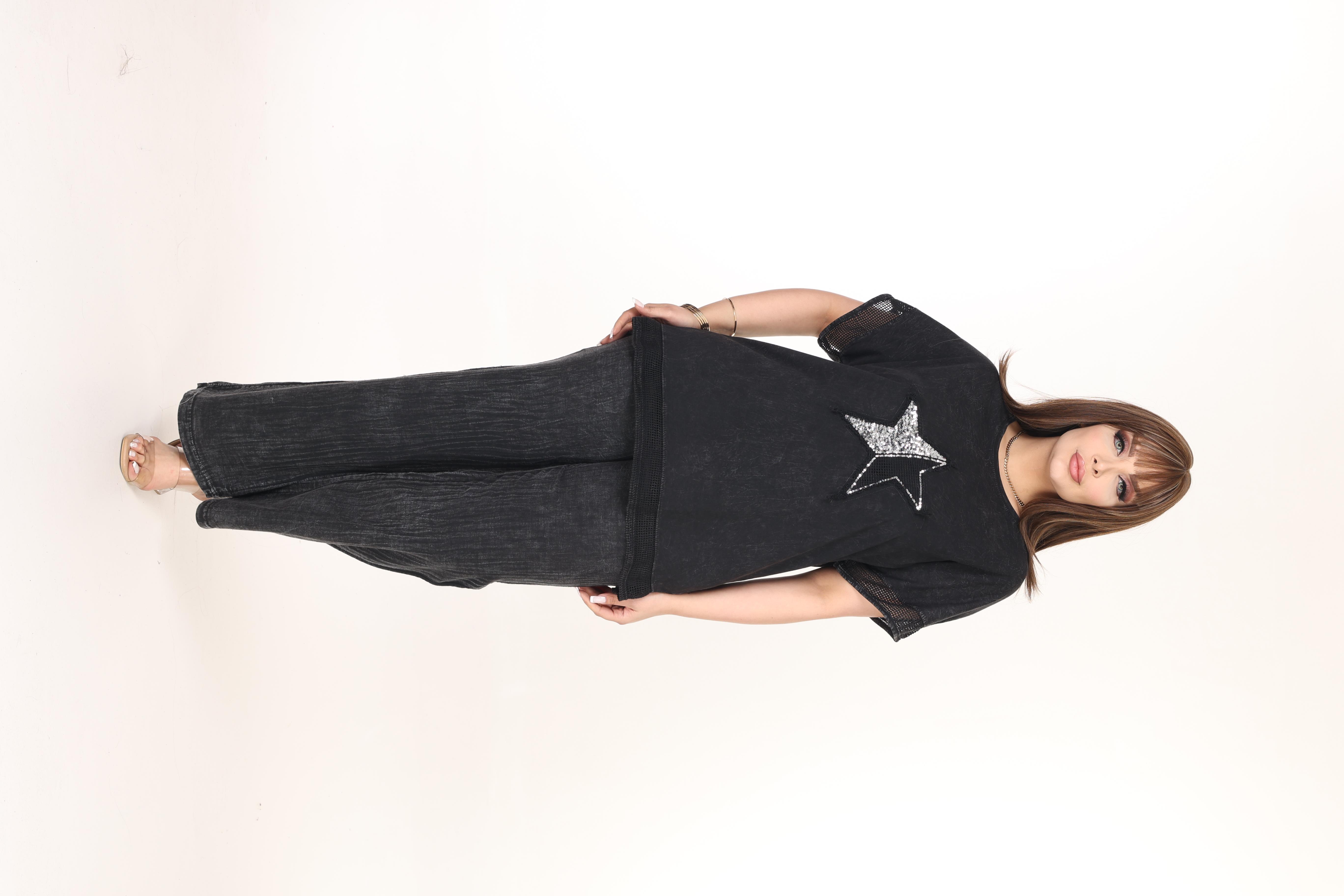 Siyah  Taş Baskılı %pamuk Yıkamalı Kumaş Takım