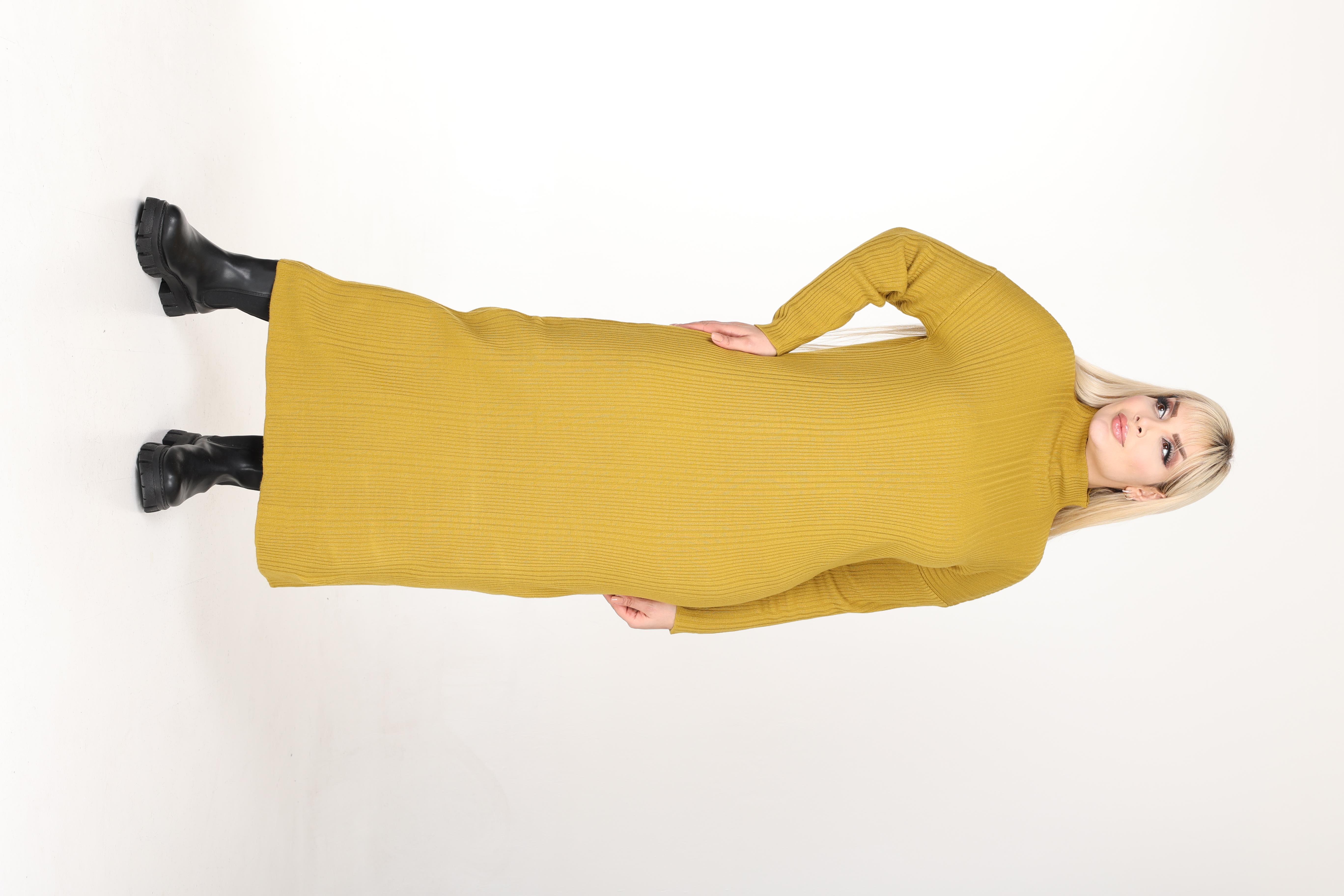 Yağ Yeşili Yarım Balıkçı Yaka Triko Örme Elbise