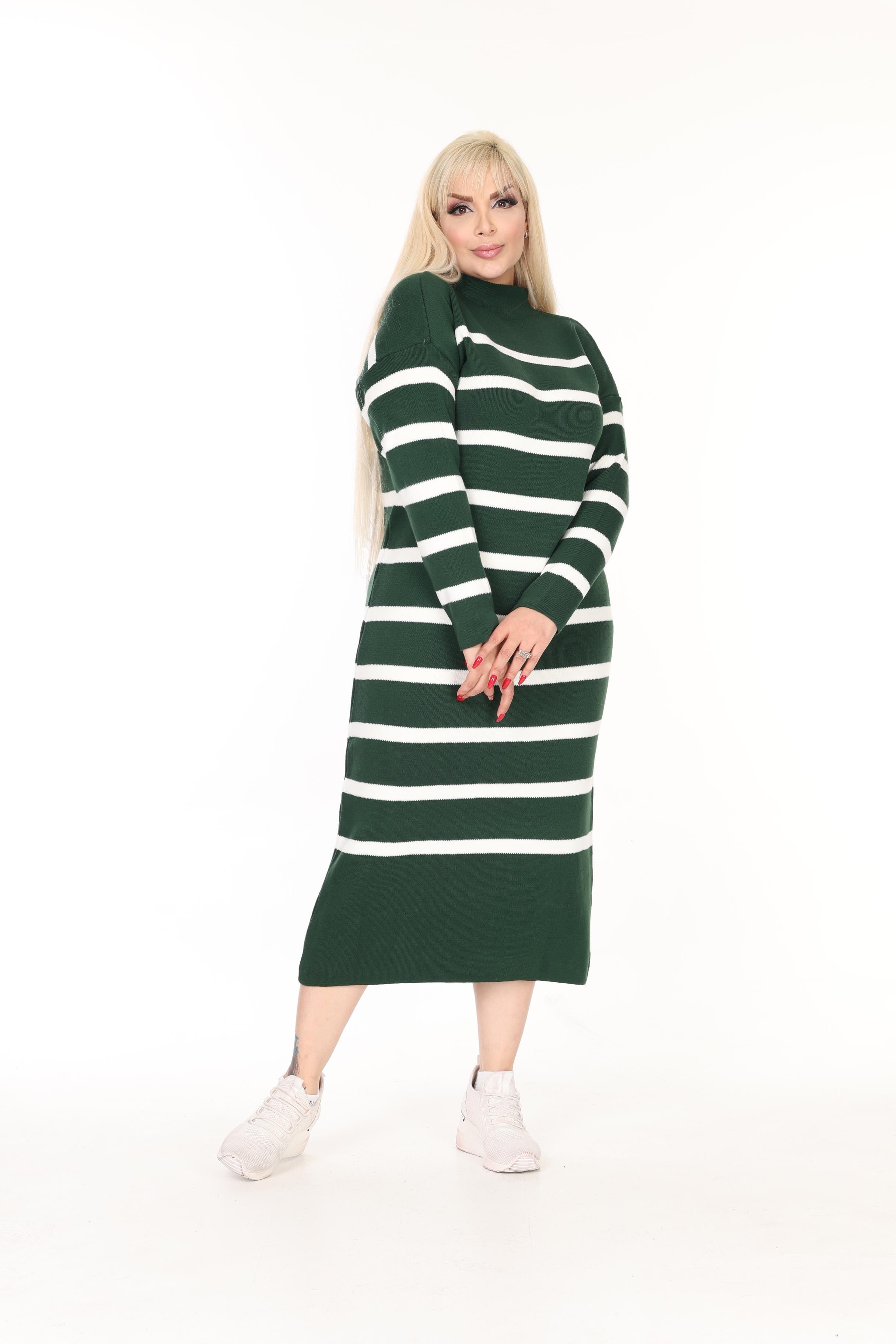 Yarım Balıkçı Yaka Çizgili Rahat Kalıp Triko Elbise