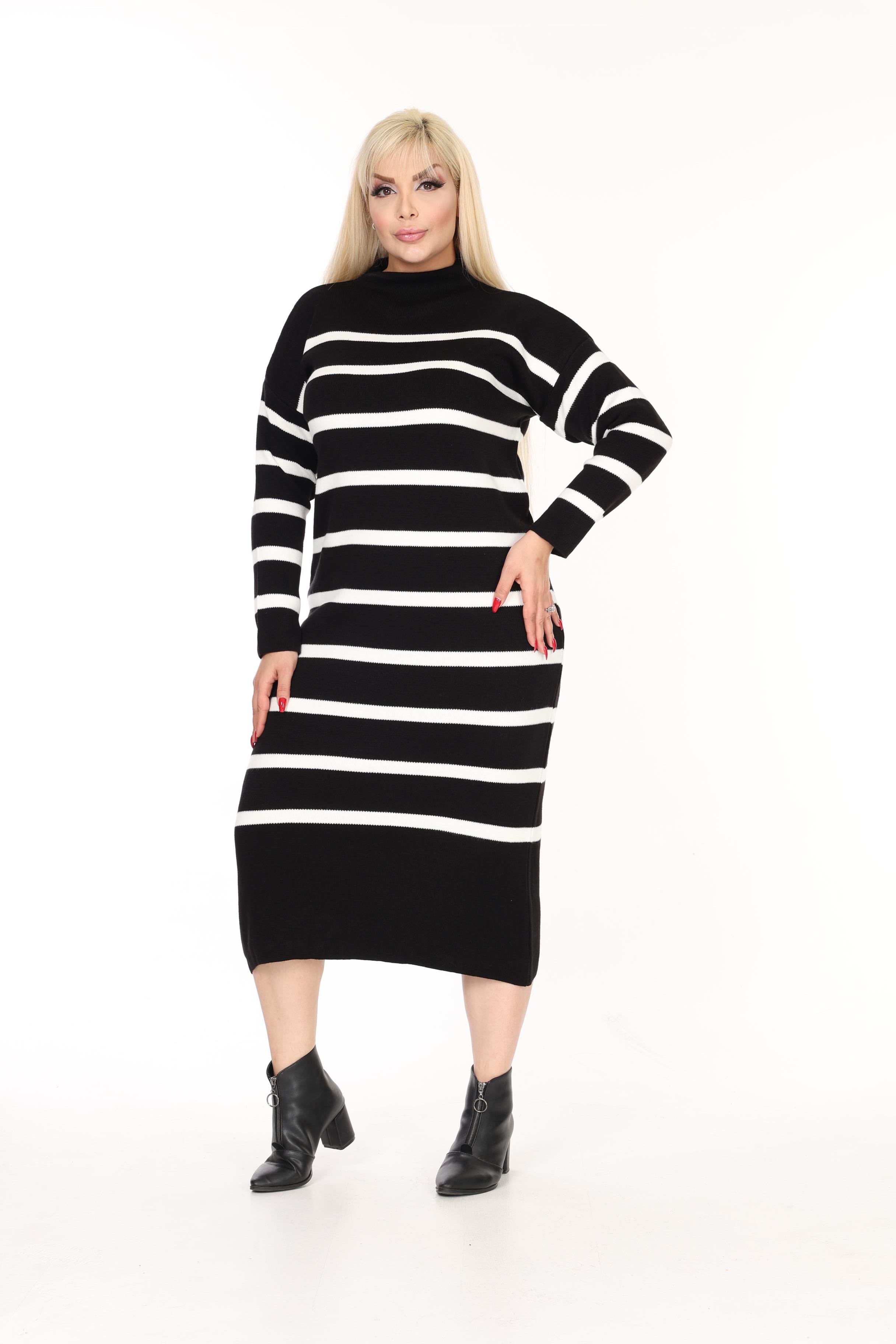 Yarım Balıkçı Yaka Çizgili Rahat Kalıp Triko Elbise