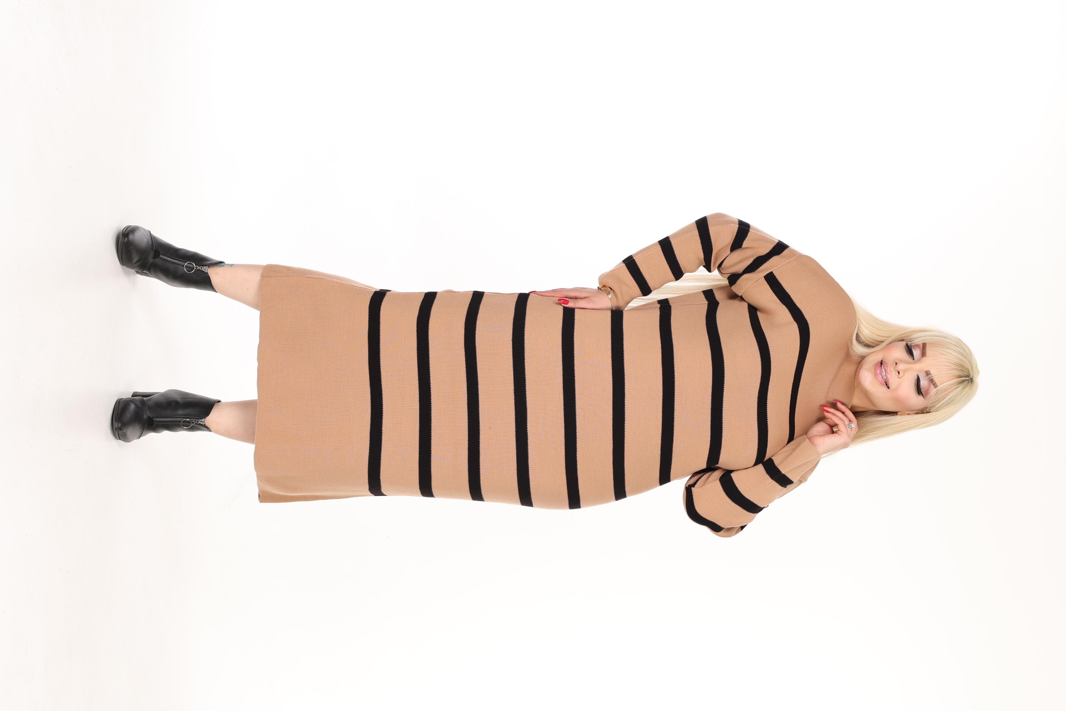 Yarım Balıkçı Yaka Çizgili Triko Elbise