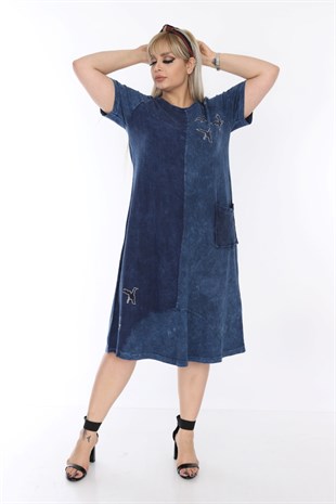 Büyük beden mavi yıkamalı kumaş  elbise