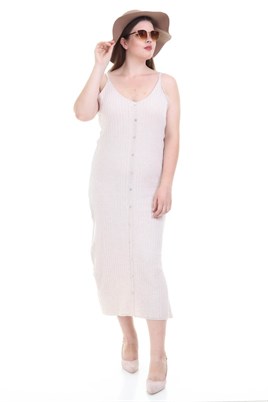 Krem boydan düğmeli askılı triko elbise
