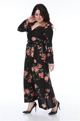 Siyah çiçek desenli kruvaze yaka kuşaklı büyük beden elbise