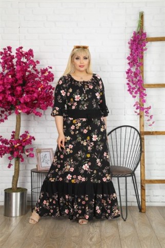 Siyah Çiçekli Madonna Yaka Büyük Beden Elbise