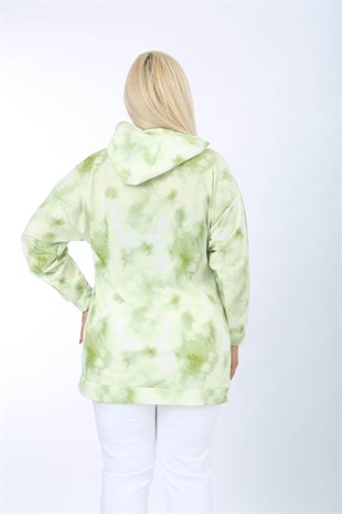 Yeşil Batik Desenli Kapşonlu Büyük Beden Sweatshirtt