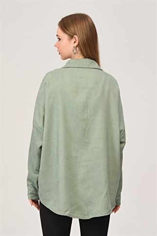 Yeşil Kadife Fitilli Kadın Oversize Gömlek