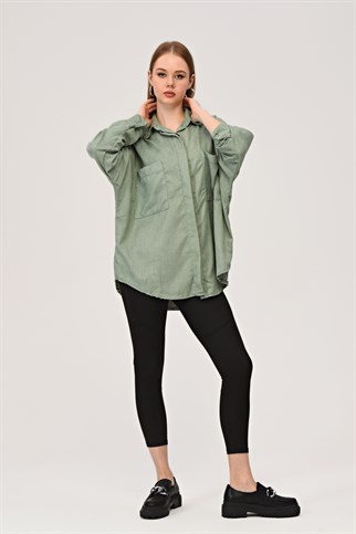 Yeşil Kadife Fitilli Kadın Oversize Gömlek